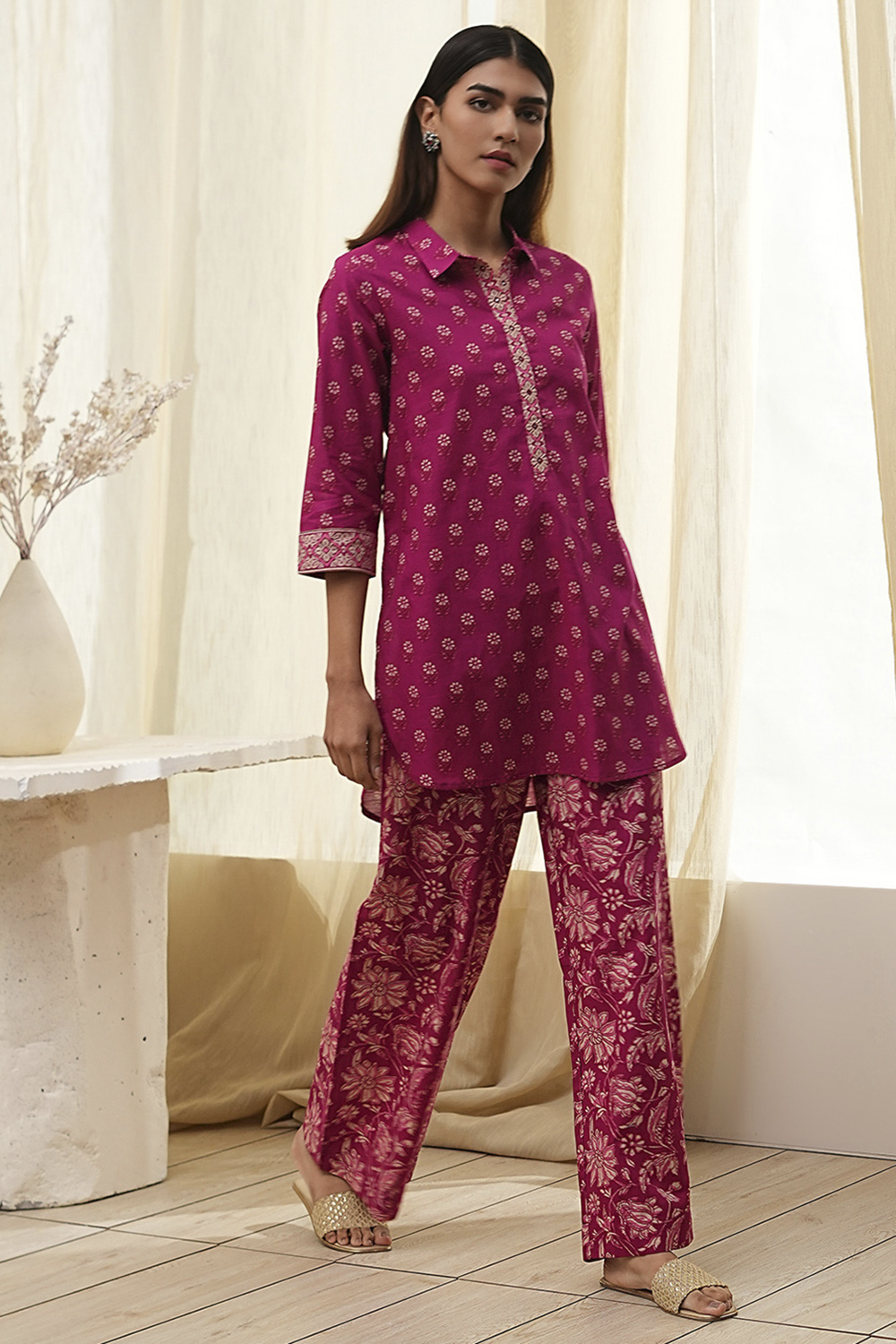 Plum Red Cotton Printed Kurta Set image number 5