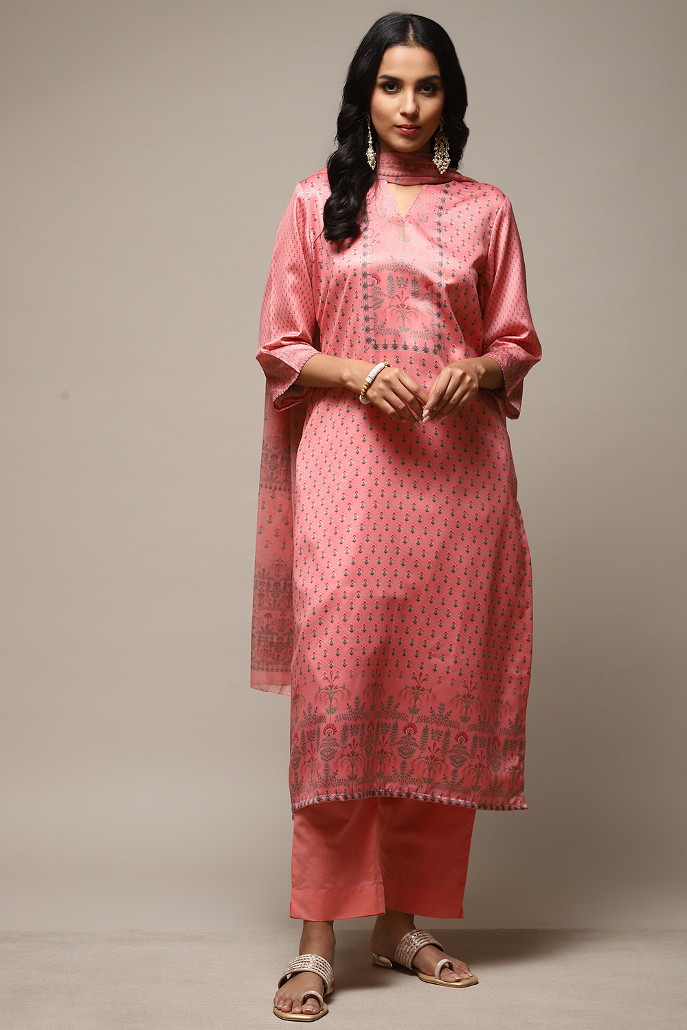 Peach Cotton Screen Print Unstitched Suit Set image number 14