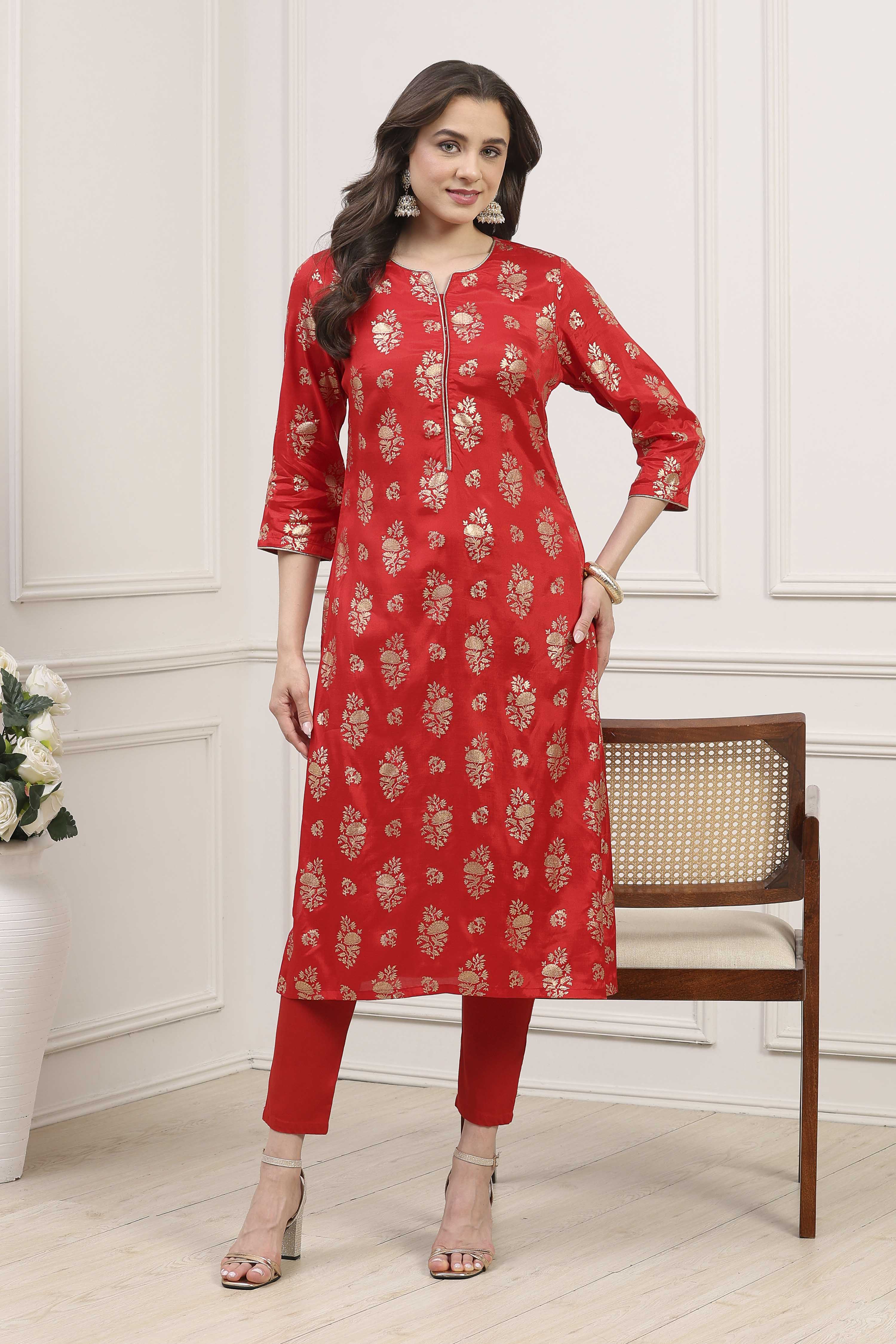 Red Viscose Rayon Printed Straight Kurta image number 0