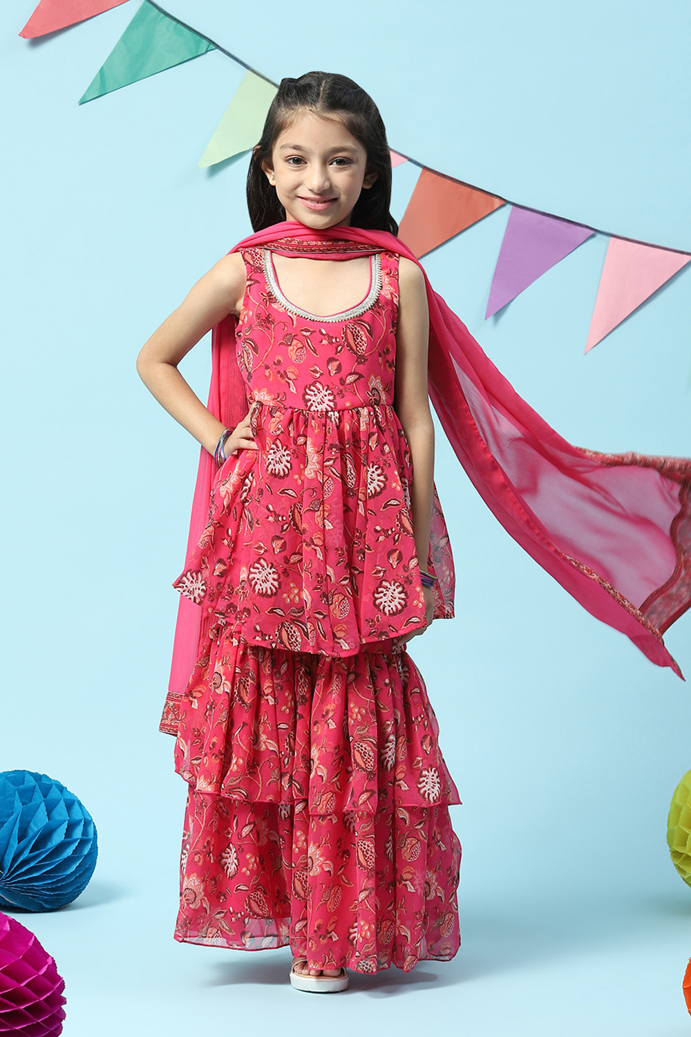 Deep Fuchsia Cotton Printed Kurta Garara Suit Set image number 0