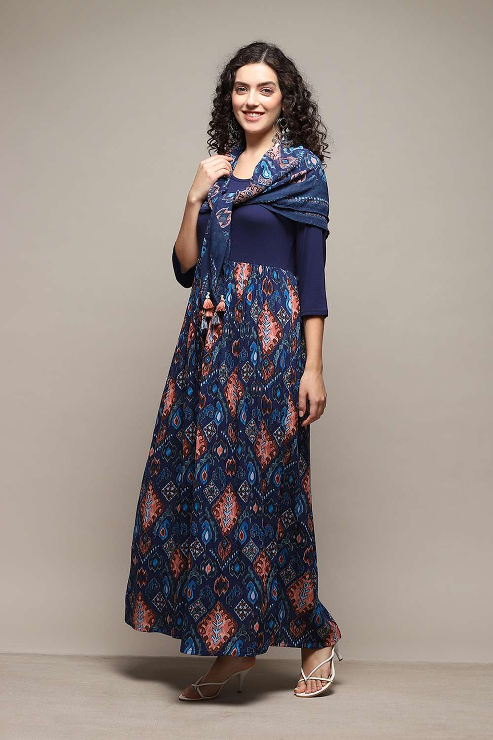 Navy LIVA Flared Solid Dress image number 3