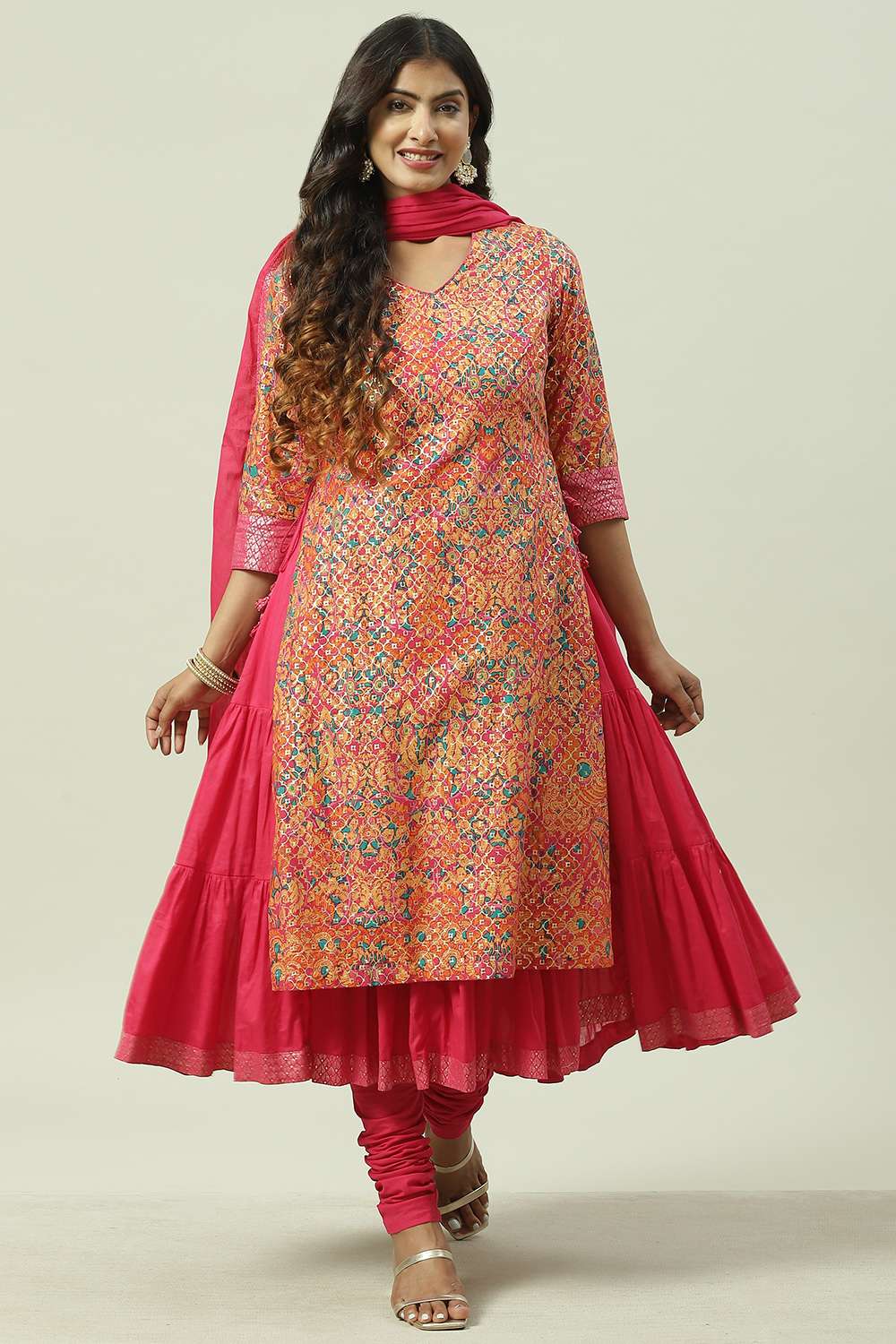 Fuschia Cotton Layered Kurta Churidar Suit Set image number 8