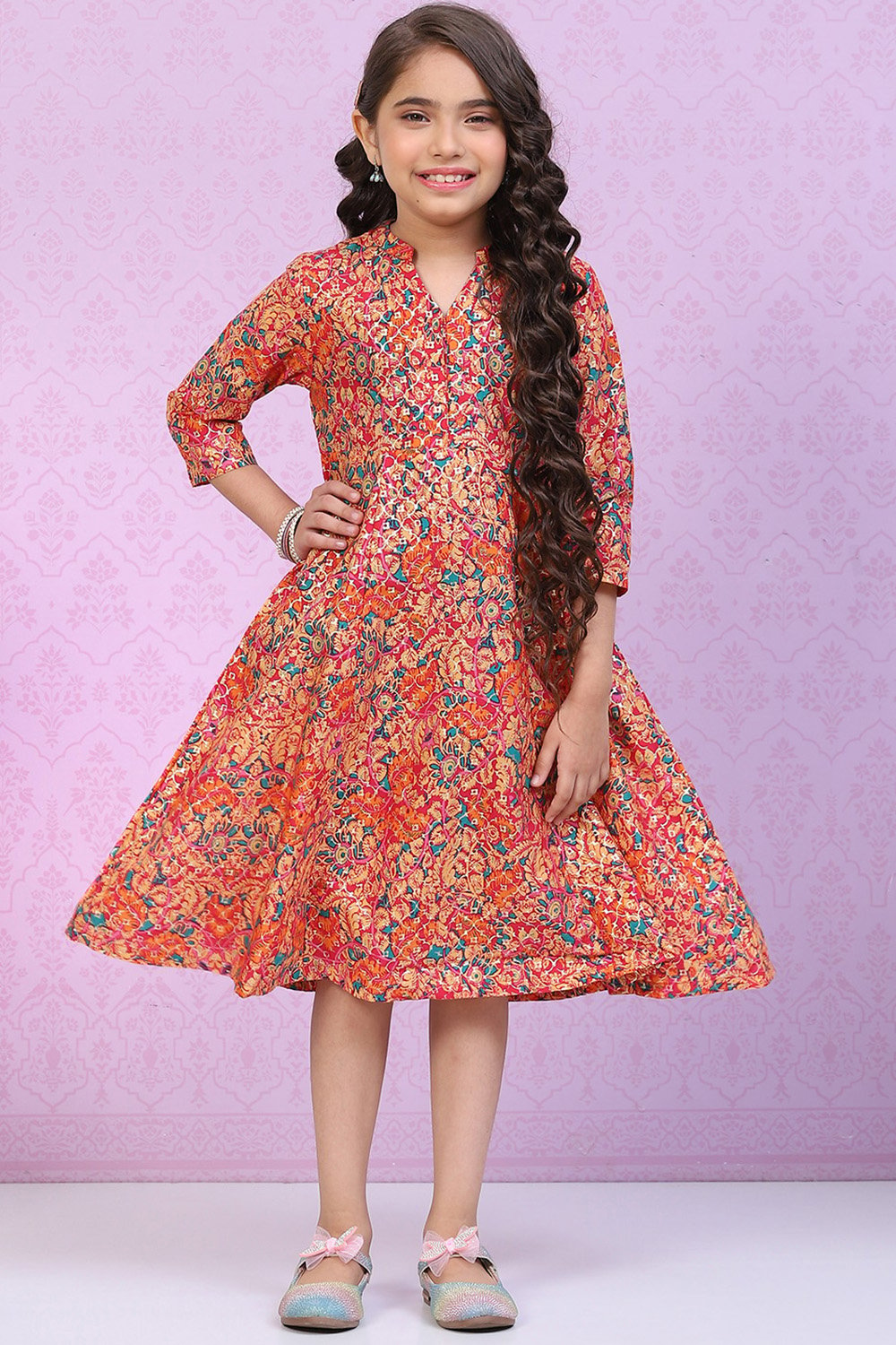 Pink Cotton Straight Printed Dress image number 0