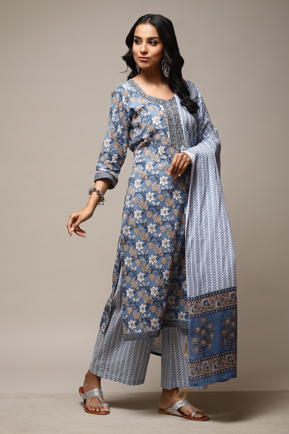 Indigo Cotton Hand Block Print Unstitched Suit Set image number 12