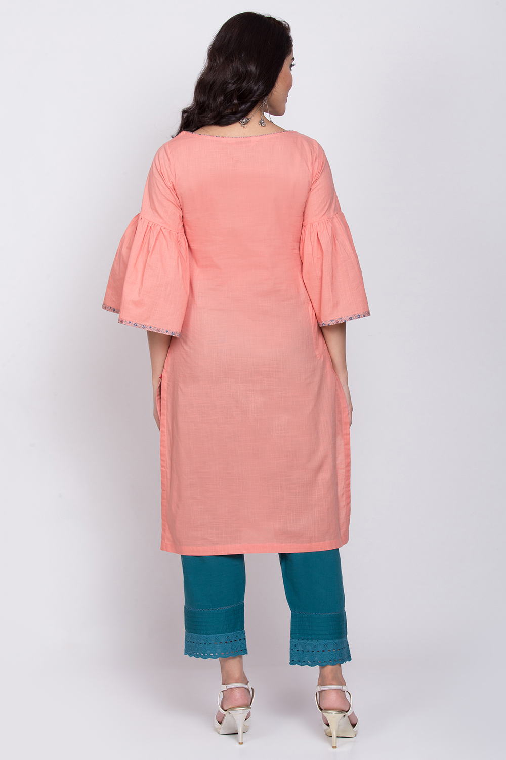 Peach Cotton Straight Kurta image number 4