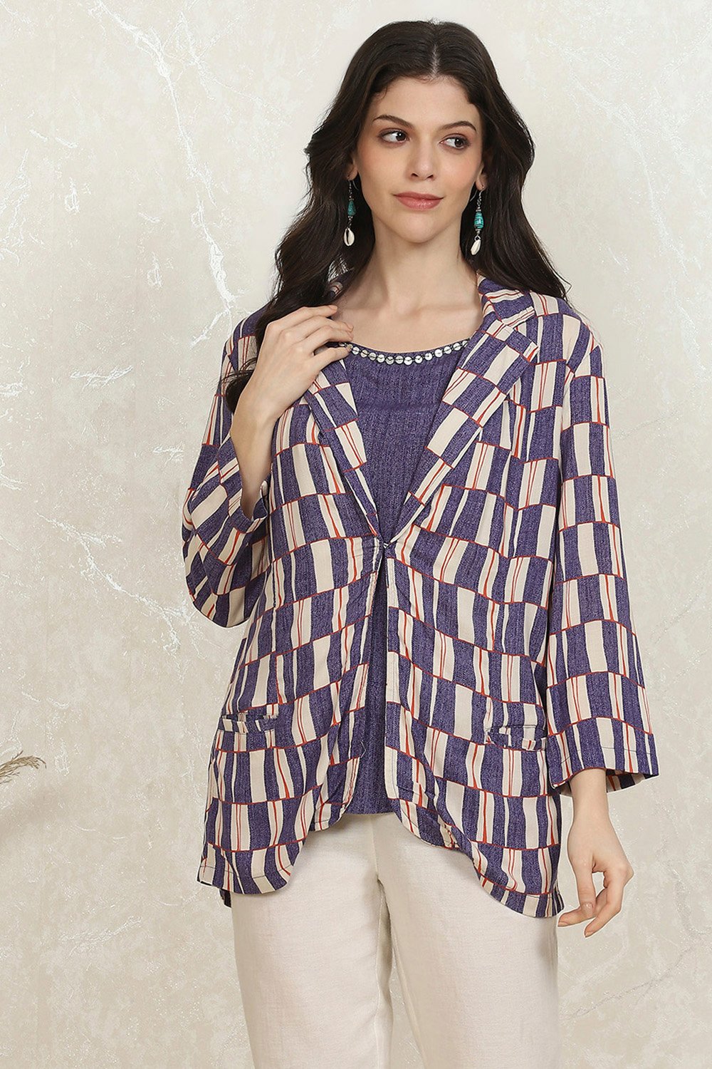 Blue Printed Straight Jacket image number 5