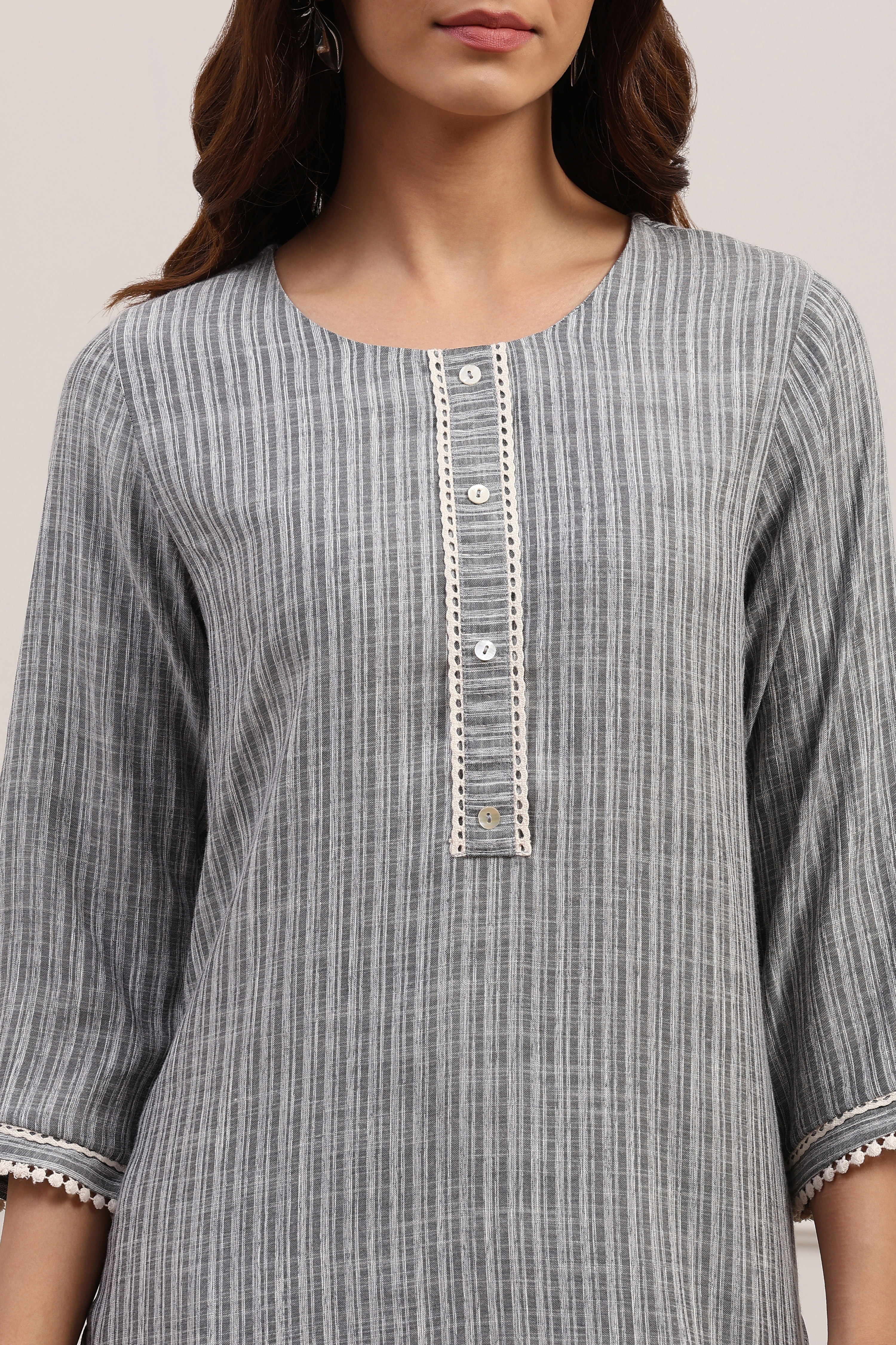 Grey Polyester Striped Straight Kurta Set image number 2