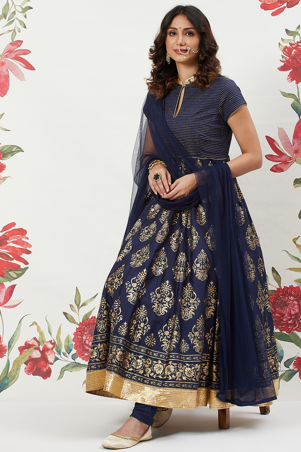 Rohit Bal Navy Blue Chanderi Silk Anarkali Solid Suit Set image number 6