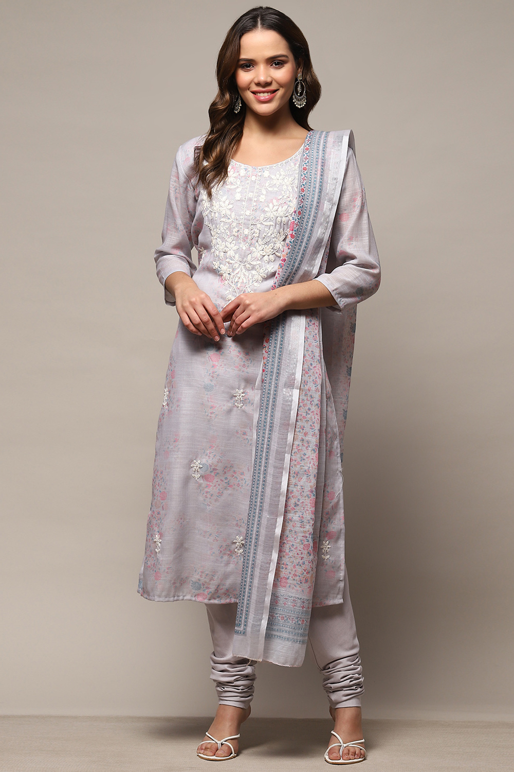 Grey Linen Unstitched Suit Set image number 8