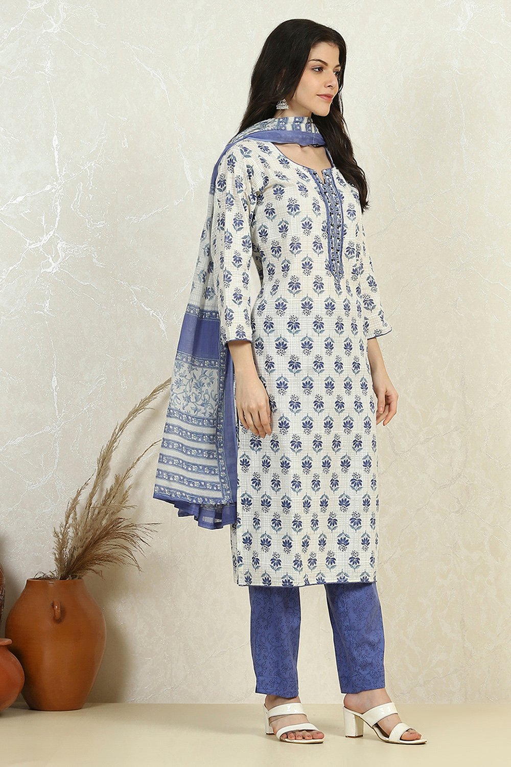Orange Cotton Printed Embroidered Unstitched Suit Set image number 6