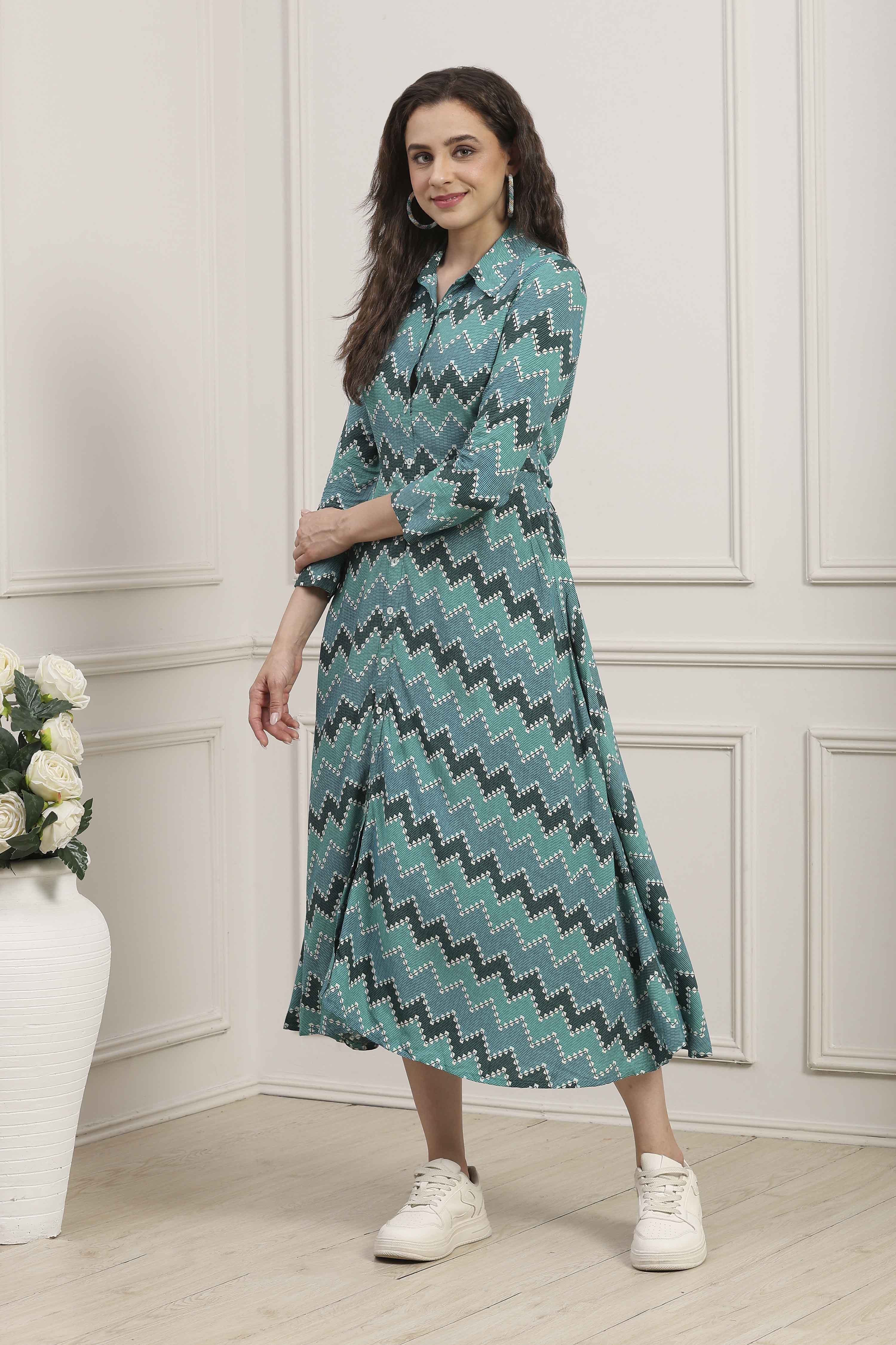 Turquoise Chevron Block Printed Shirt-Style Flared Dress image number 2