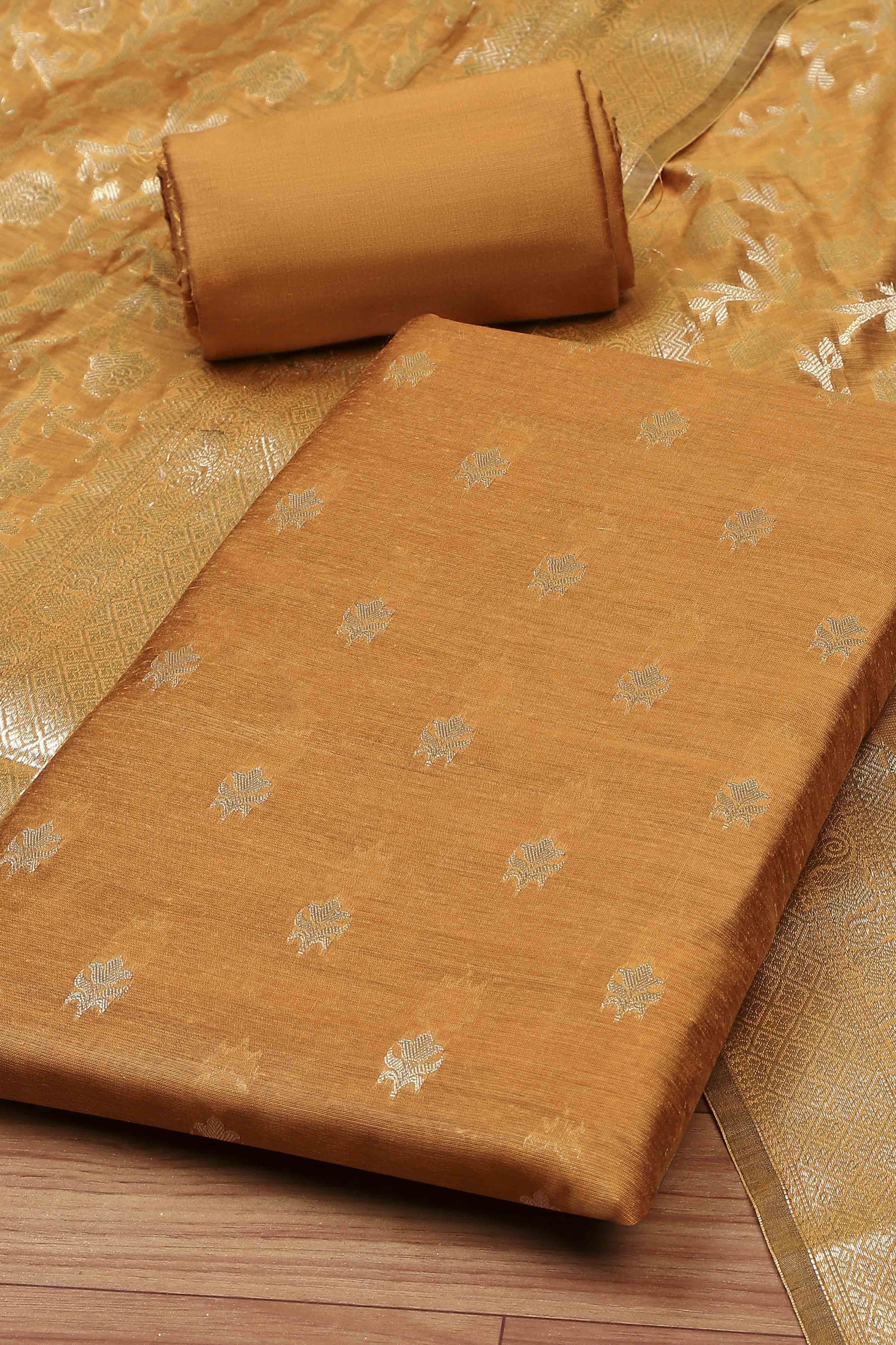 Mustard Cotton Printed Embroidered Unstitched Suit Set image number 1