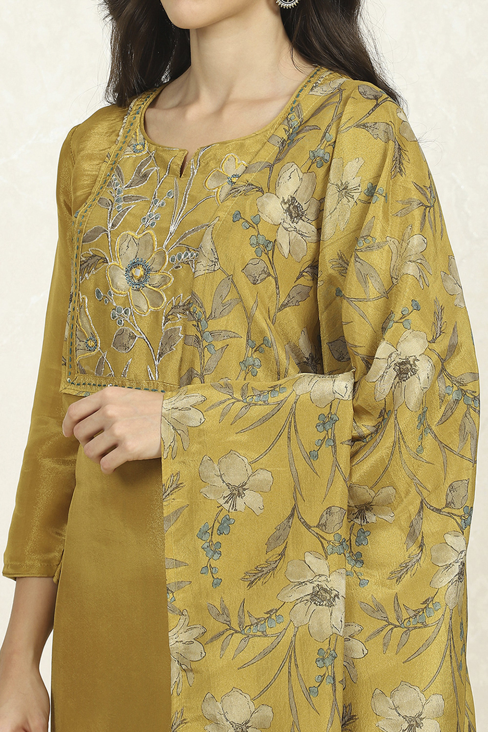 Lime Green Cotton Unstitched Suit Set image number 2