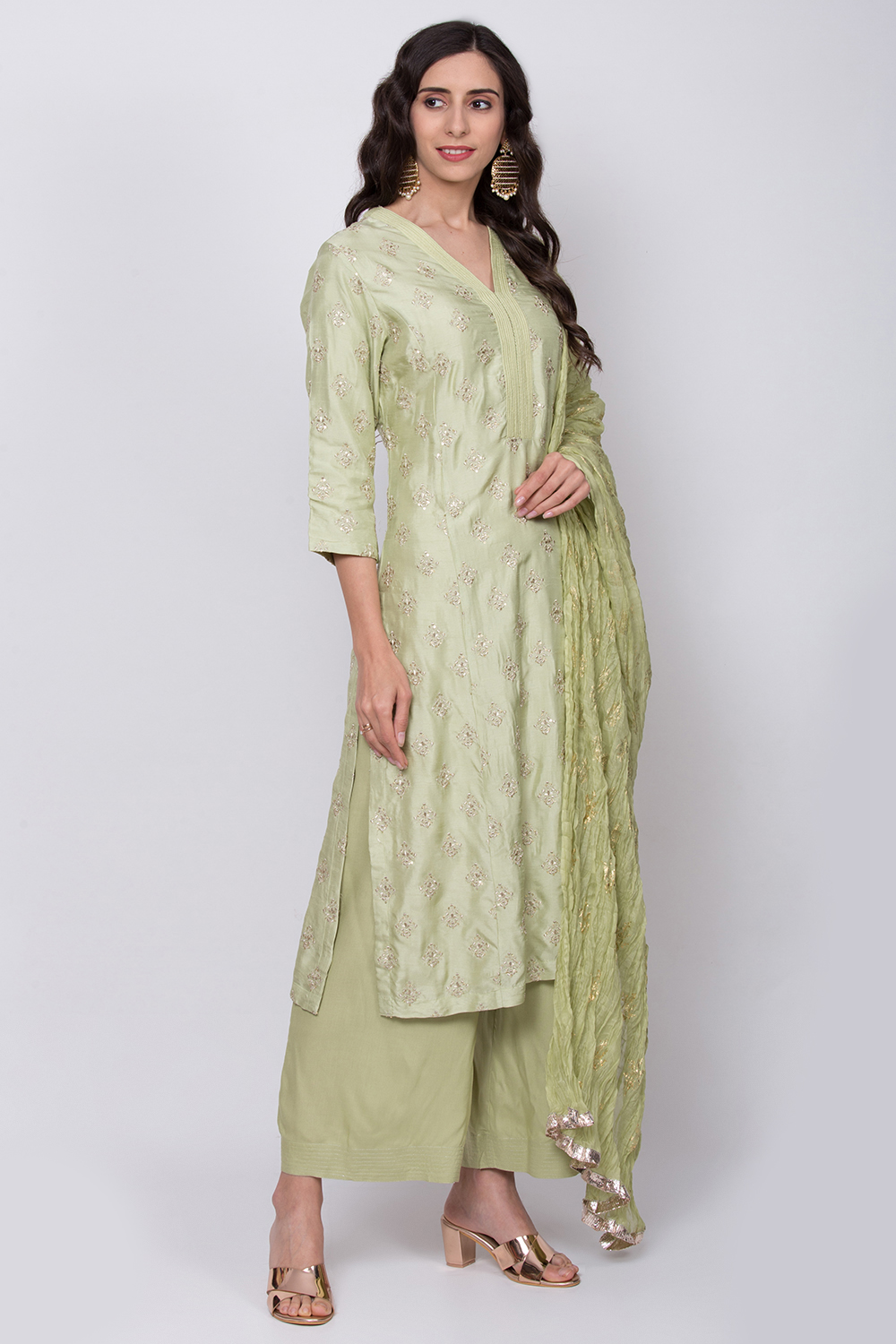 Green Cotton Silk Straight Kurta Palazzo Suit Set image number 3