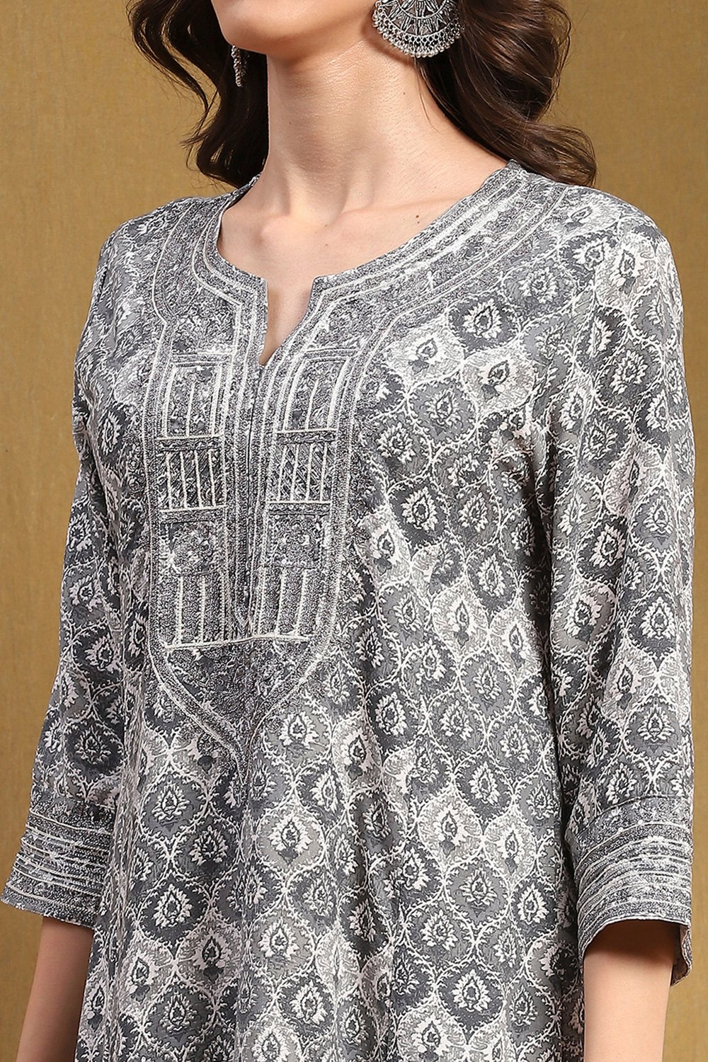 Grey Printed Festive A-line Suit Set image number 1