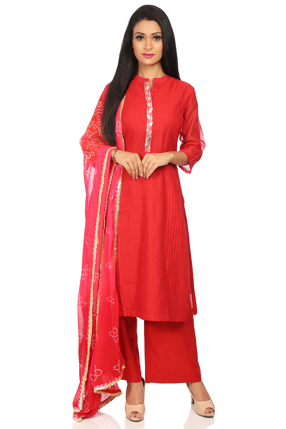 Red Poly Cotton Straight Kurta Palazzo Suit Set image number 0