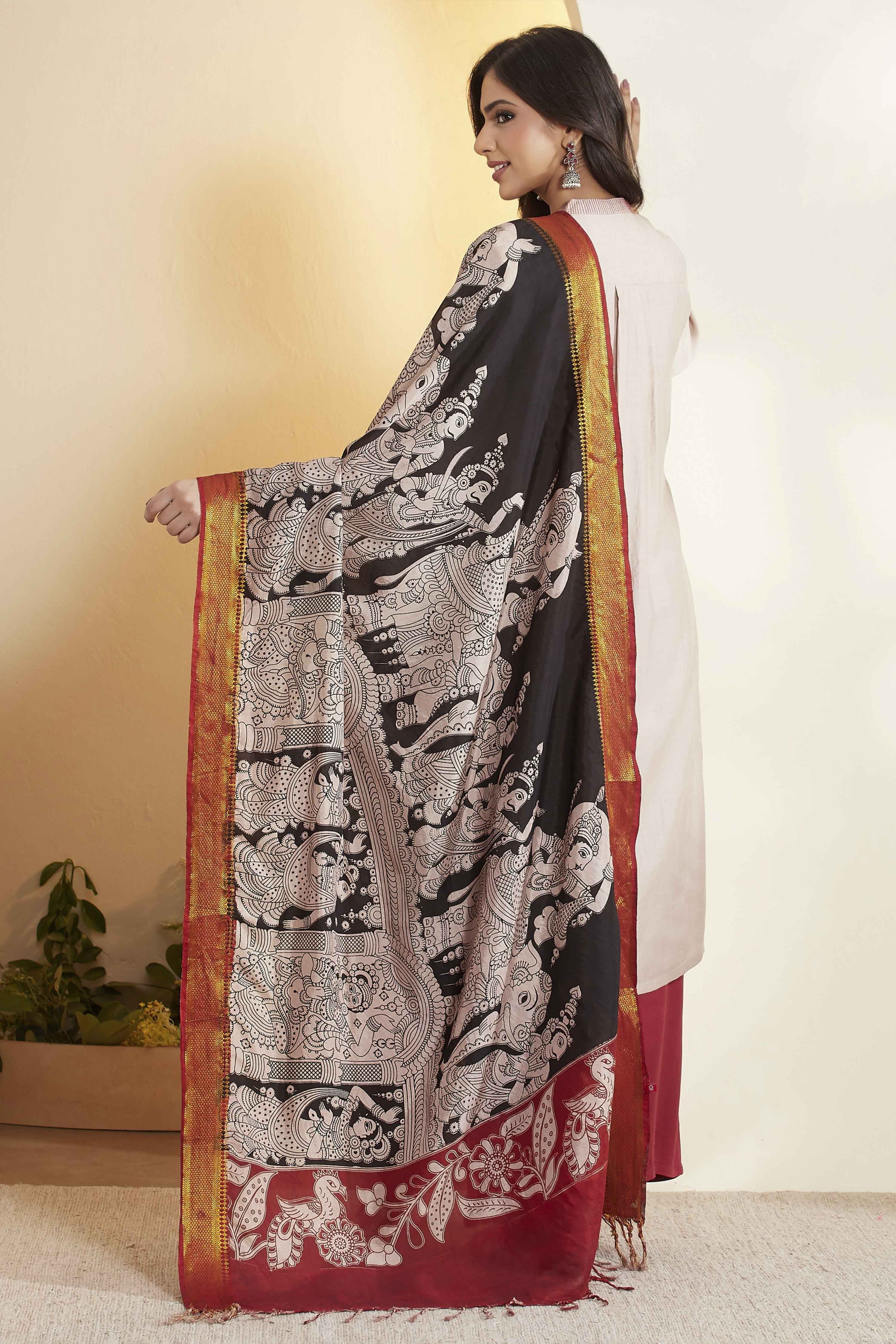 Black Chennur Silk Kalamkari- Inspired Dupatta image number 5