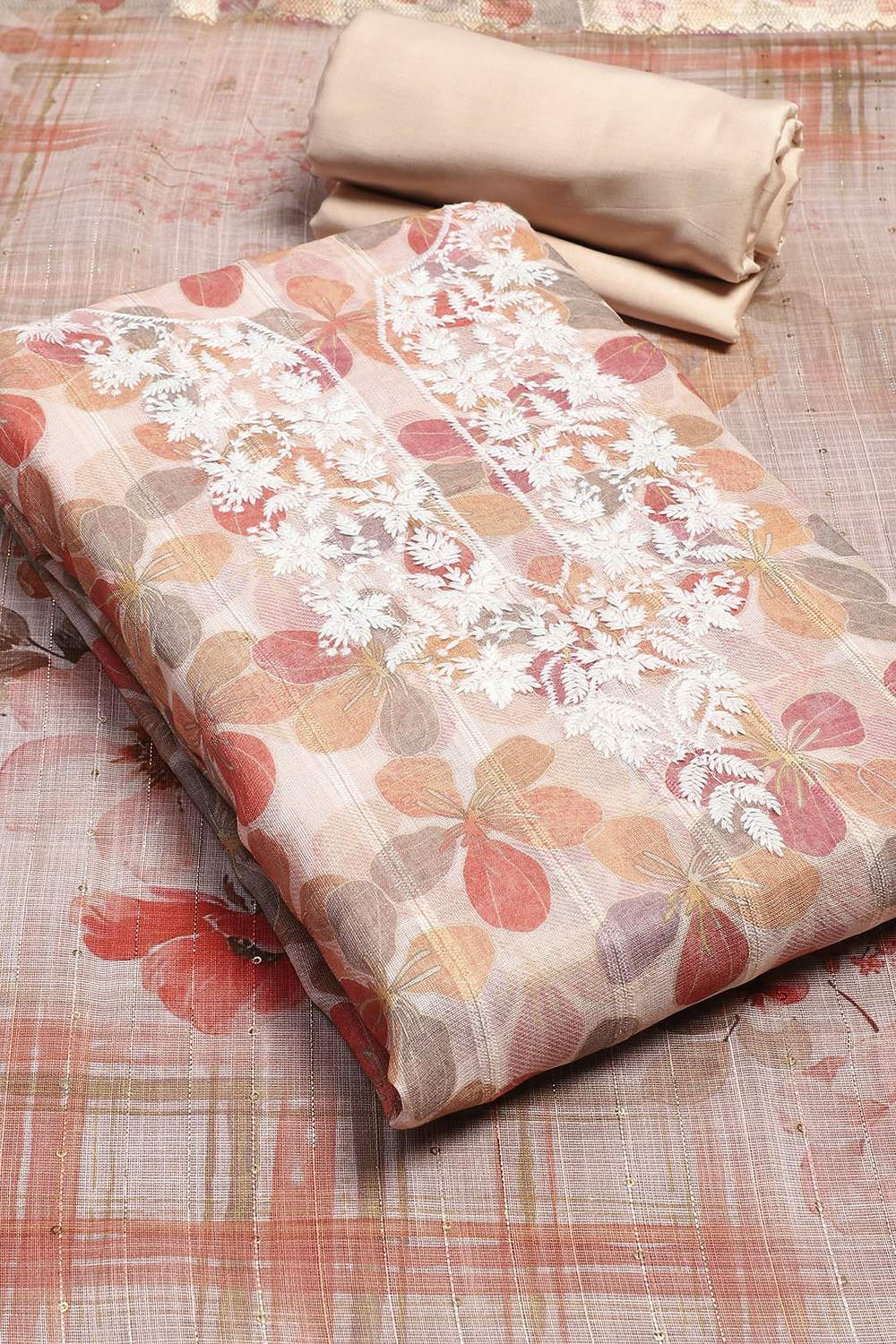 Peach Cotton Blend Unstitched Suit Set image number 1
