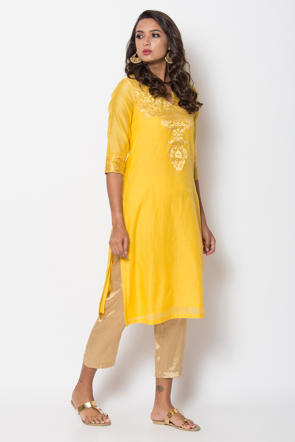 Yellow Poly Metallic Cotton Straight Yarndyed Kurta image number 0