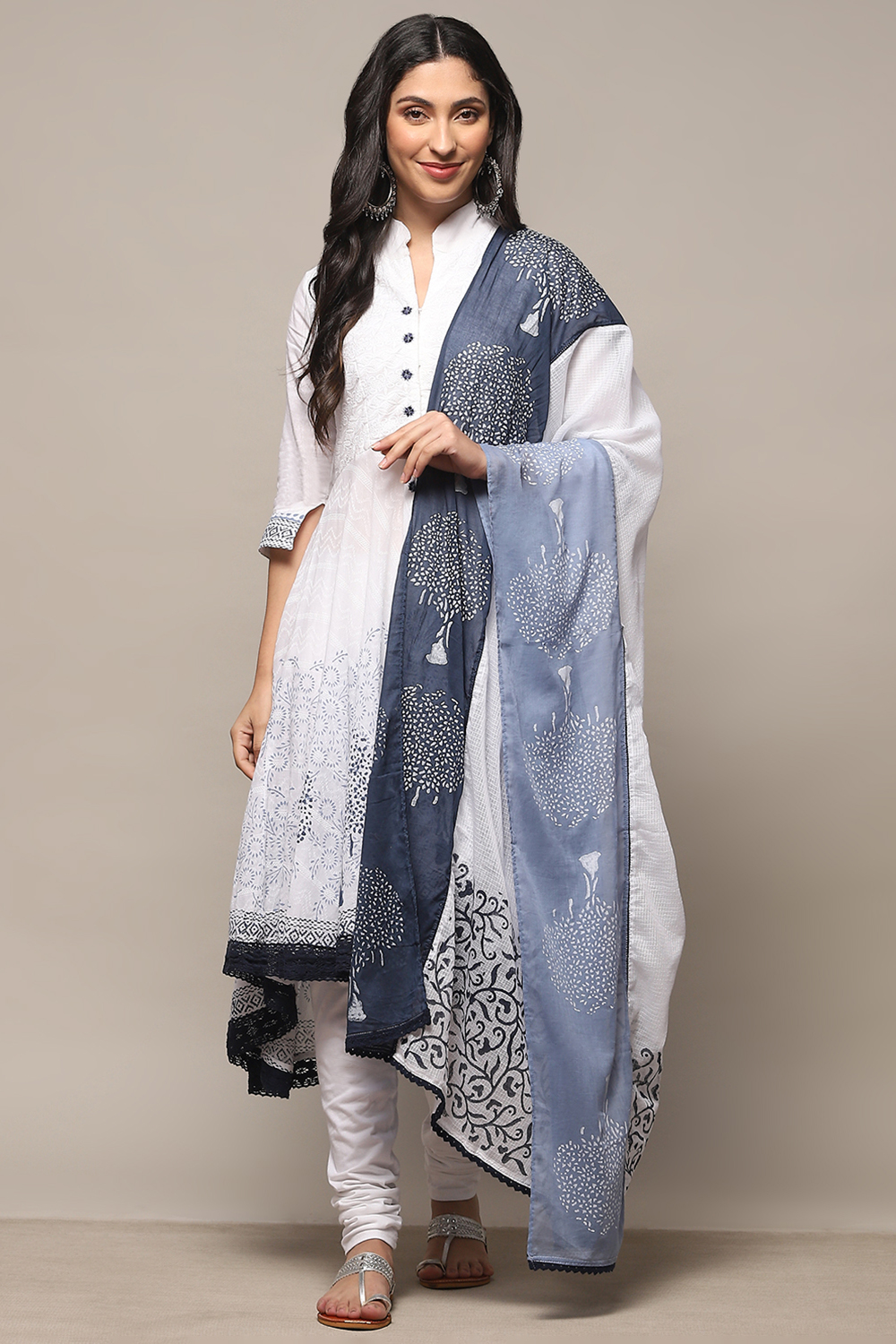 White Cotton Asymmetric Anarkali & Churidar Suit Set image number 7