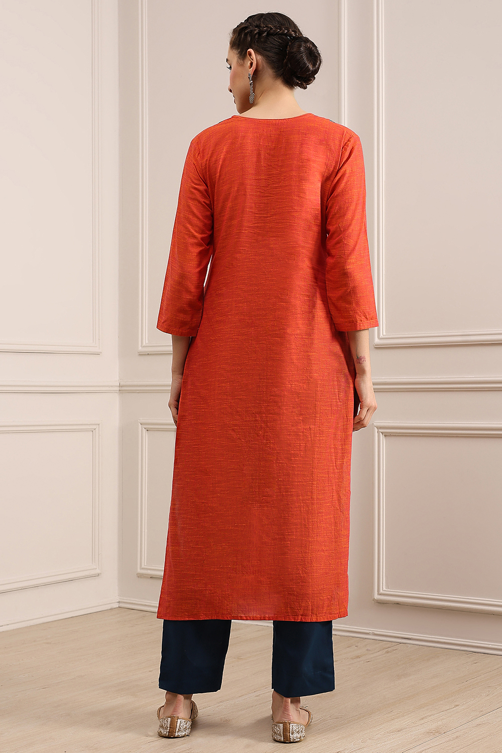Orange Cotton Handloom Unstitched Suit Set image number 5