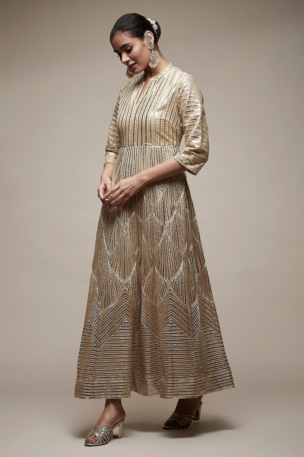 Gold Nylon Flared Cocktail Gown image number 3