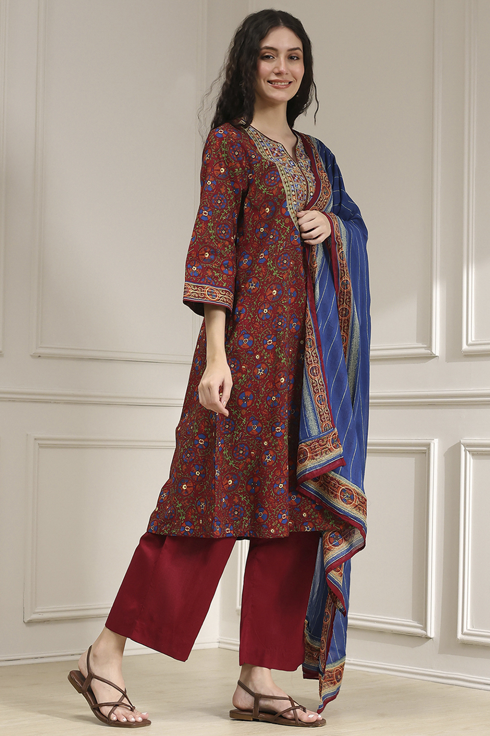 Rust and Blue Cotton Printed A-Line Suit Set image number 5