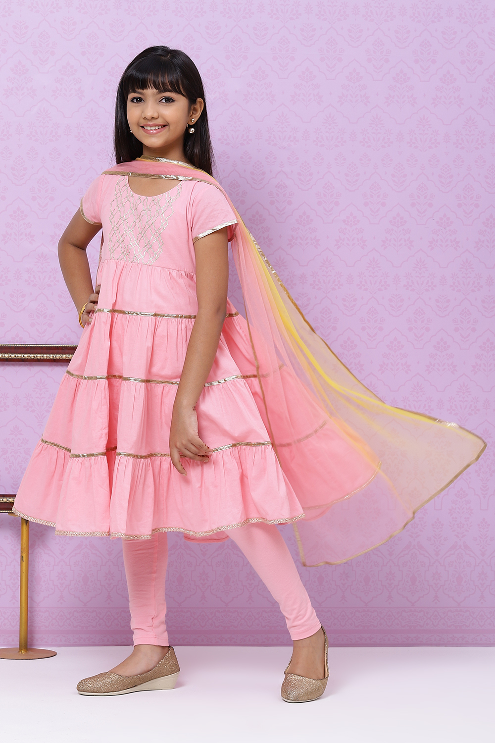 Onion Pink Cotton Girls Flared Kurta Churidar Suit Set image number 5