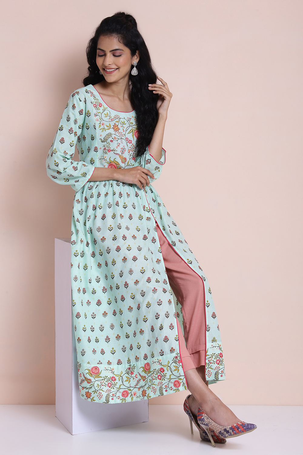 Mint Cotton High Slit Printed Kurta image number 0