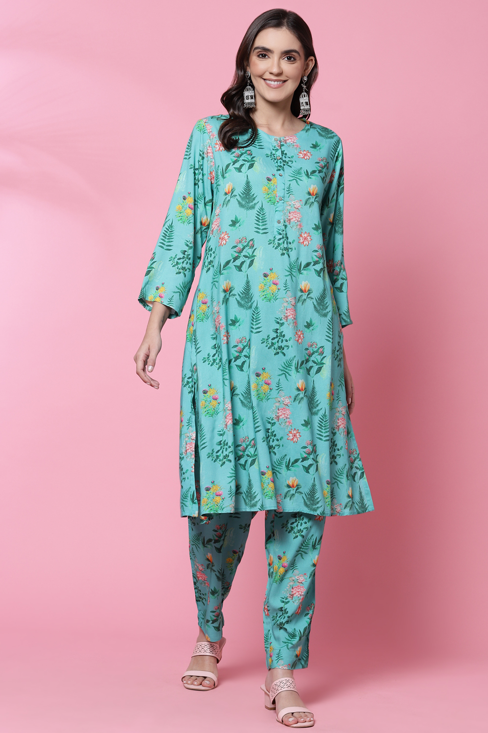 Sea Green LIVA Straight Kurta Relaxed Pant Suit Set image number 0