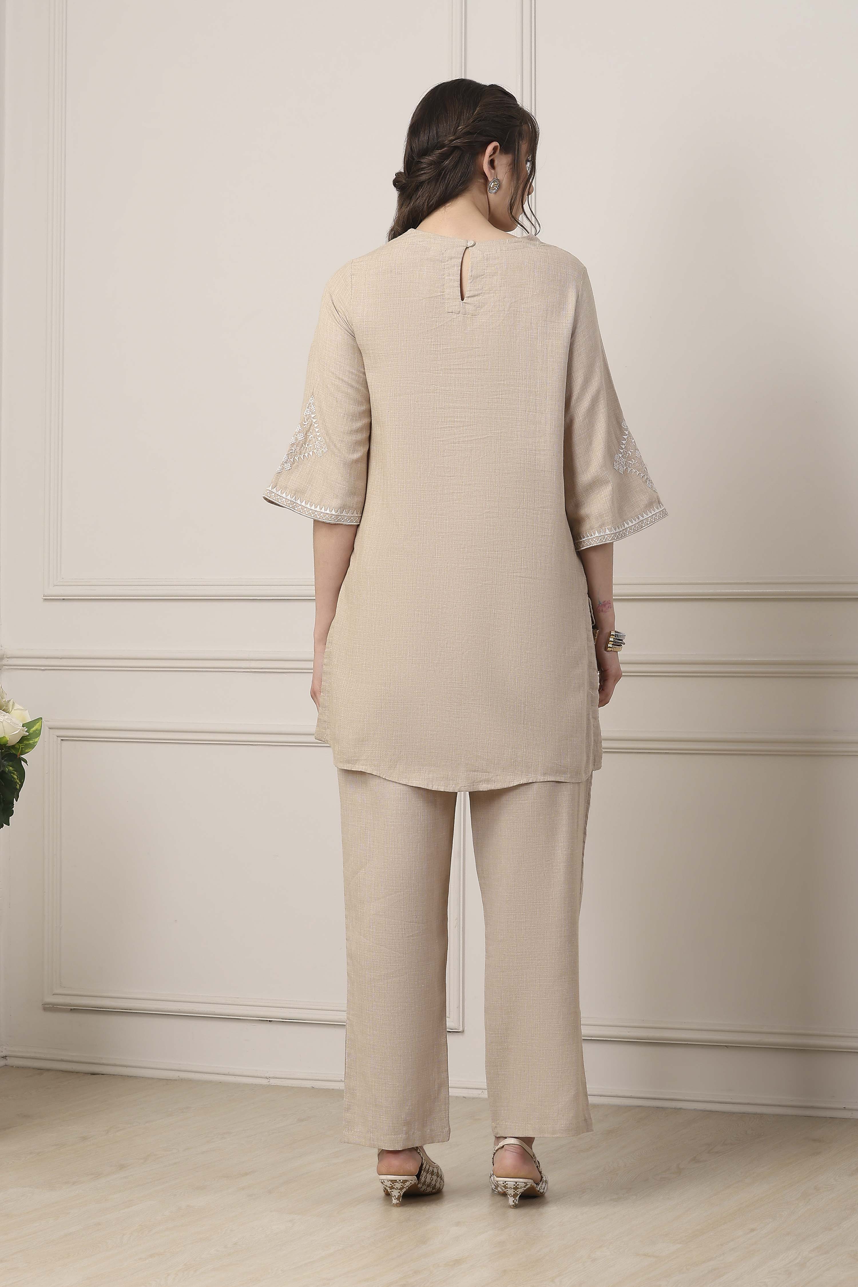 Beige Cotton Straight Suit Set image number 4