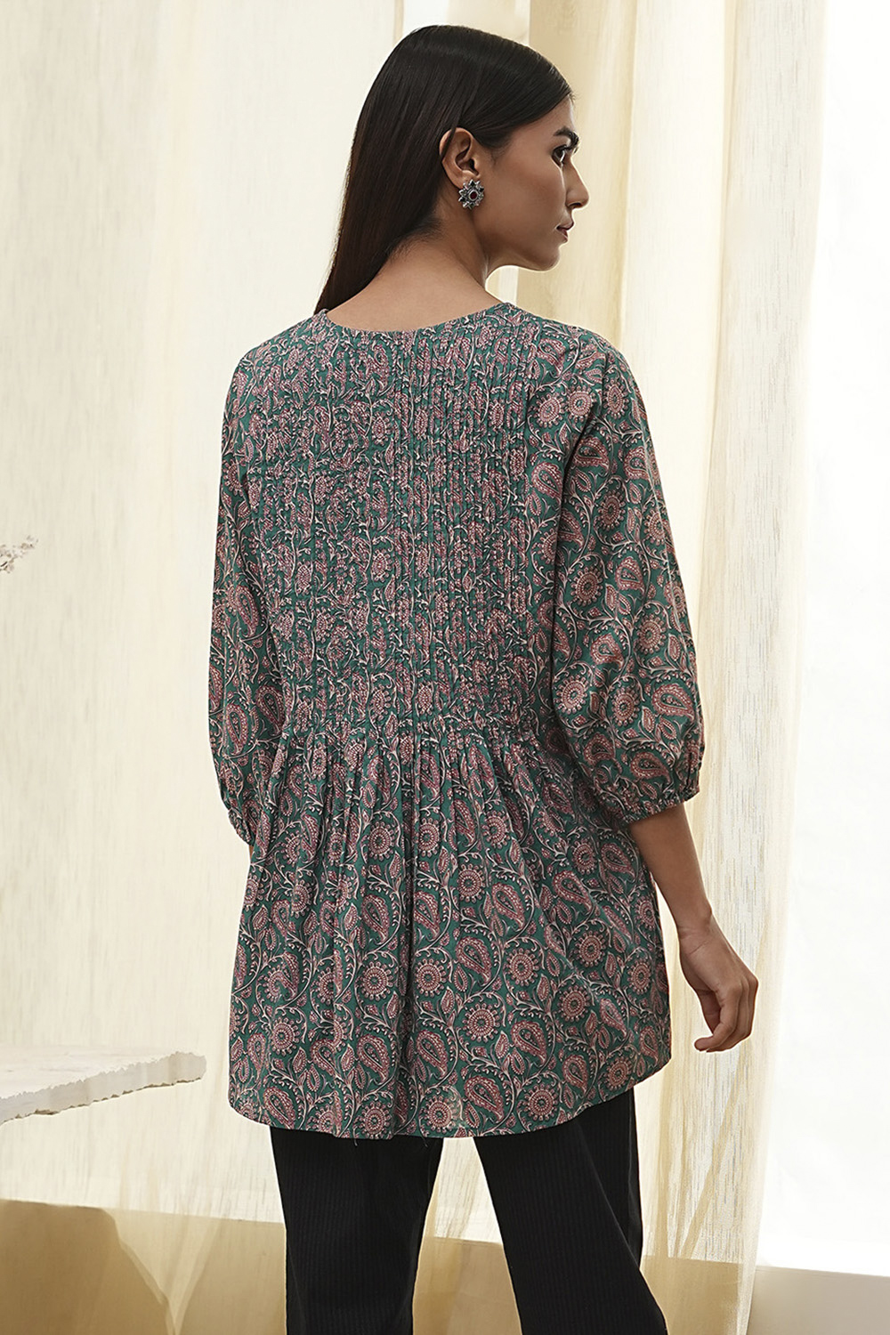 Teal Green Cotton Pleated A-Line Short Kurta image number 3