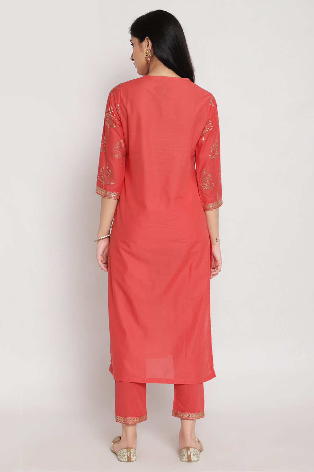 Coral Cotton Straight Kurta Pant Suit Set image number 4