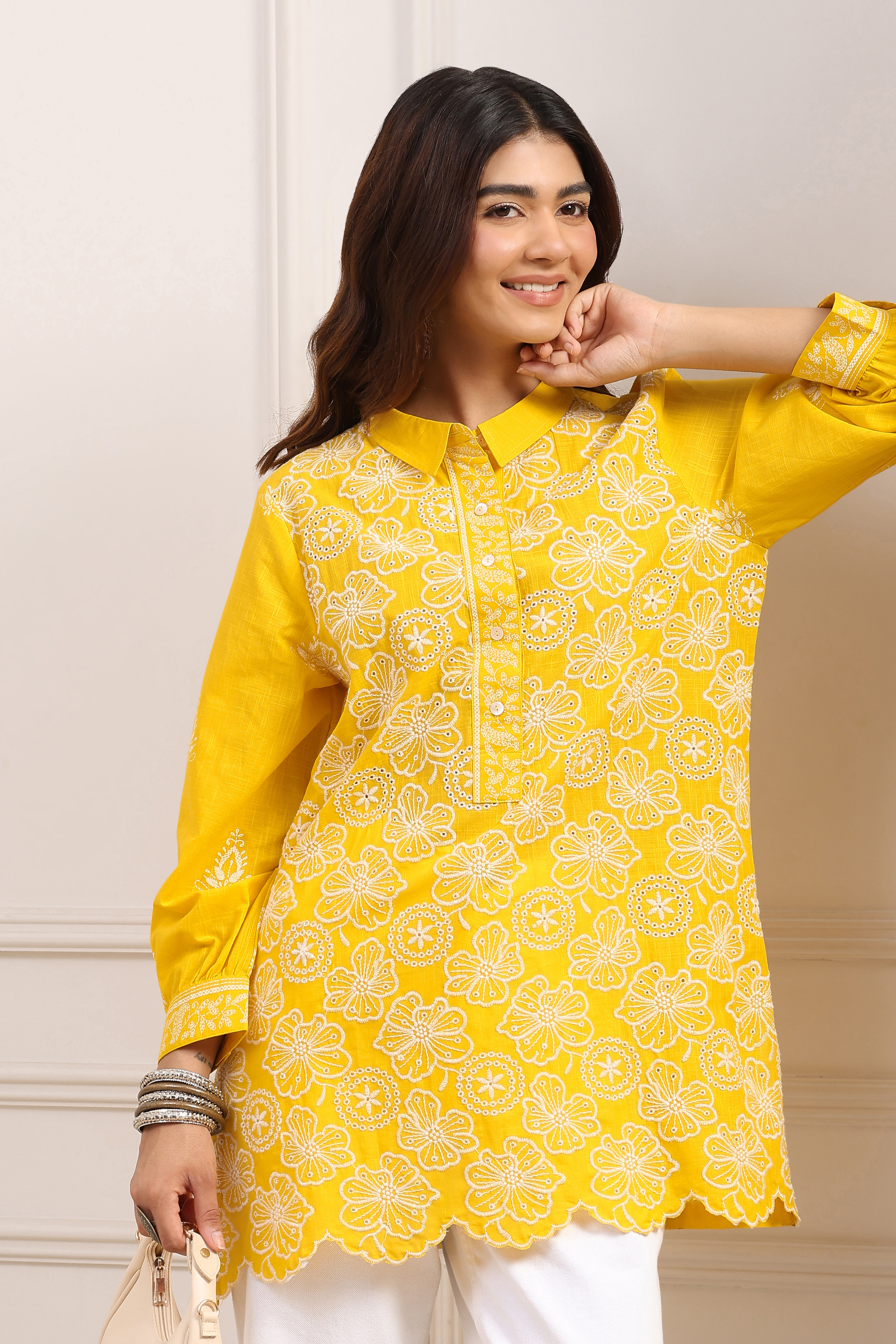 Yellow Cotton A-Line Short Kurti image number 6