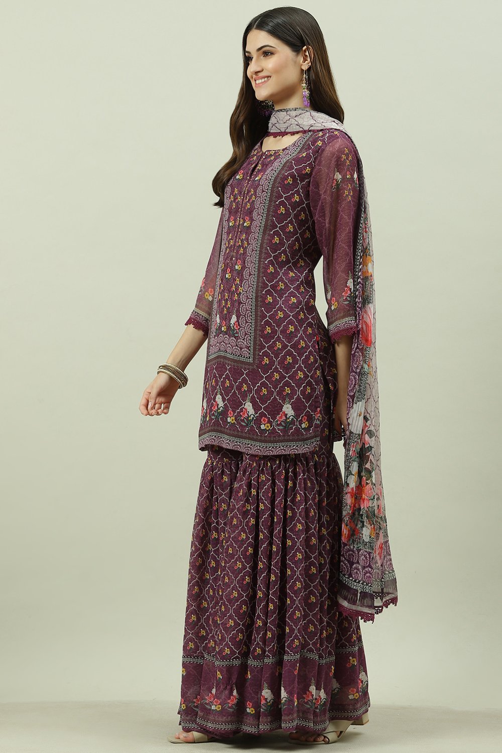 Purple Art Silk Sharara Kurta Garara Suit Set image number 5