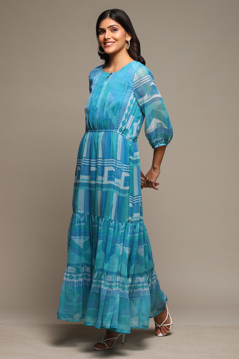 Blue Cotton Blend Tiered Printed Dress image number 2