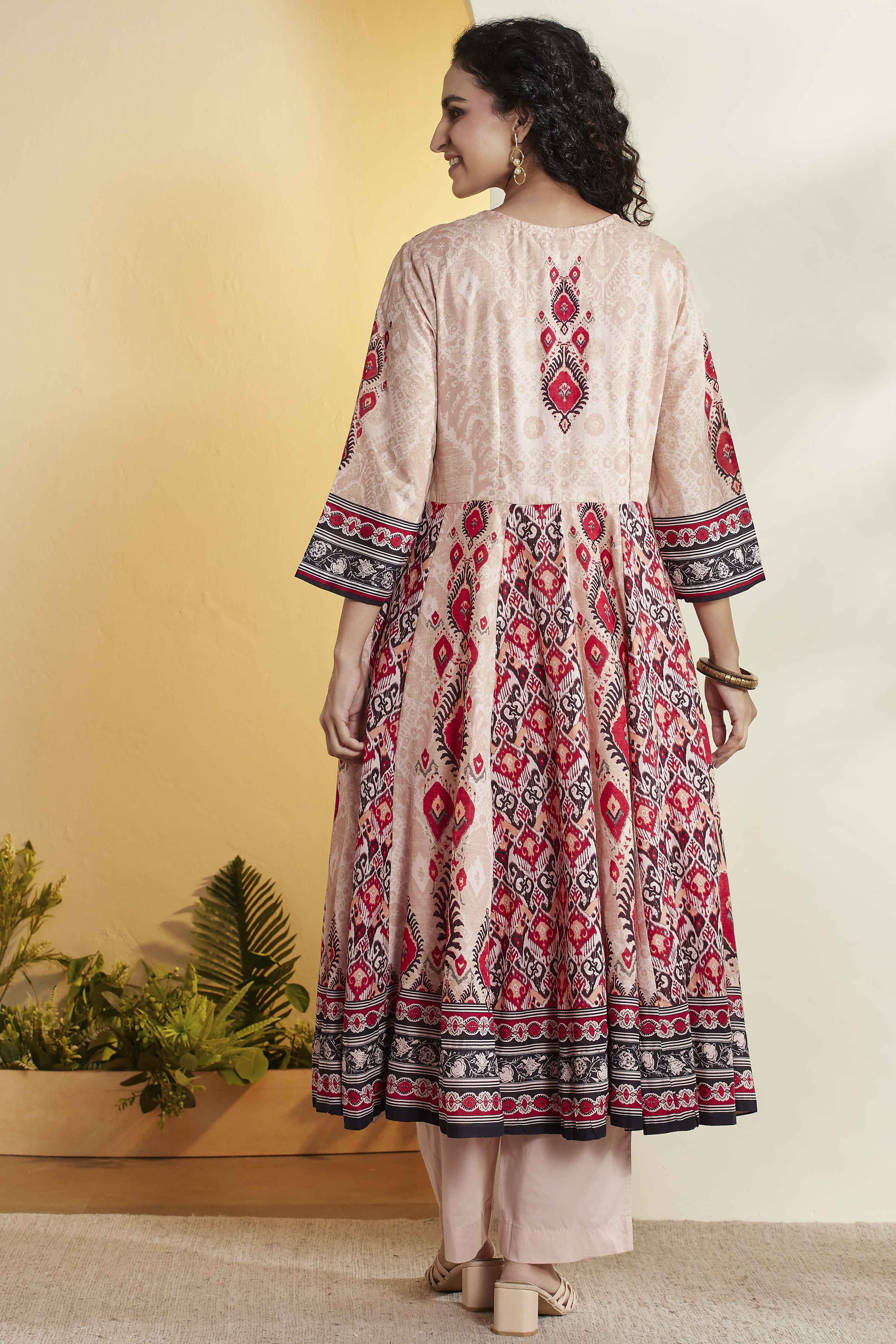 Beige Cotton Printed Anarkali Kurta Set image number 6