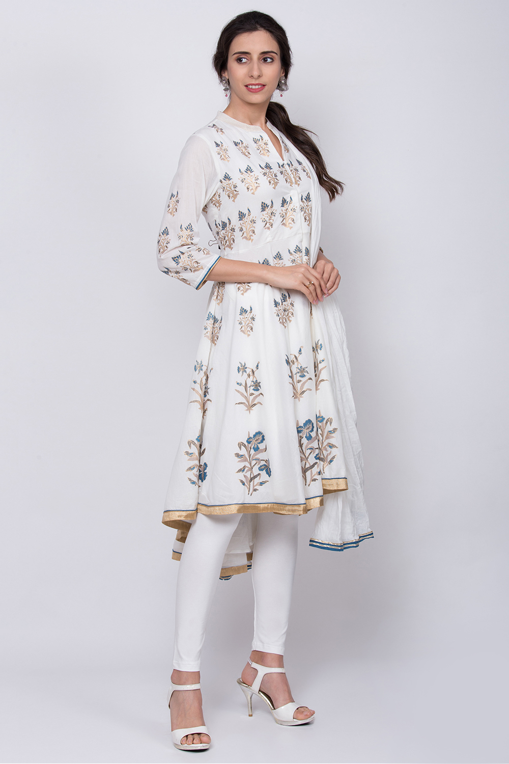 White Cotton Anarkali Kurta Legging Suit Set image number 2