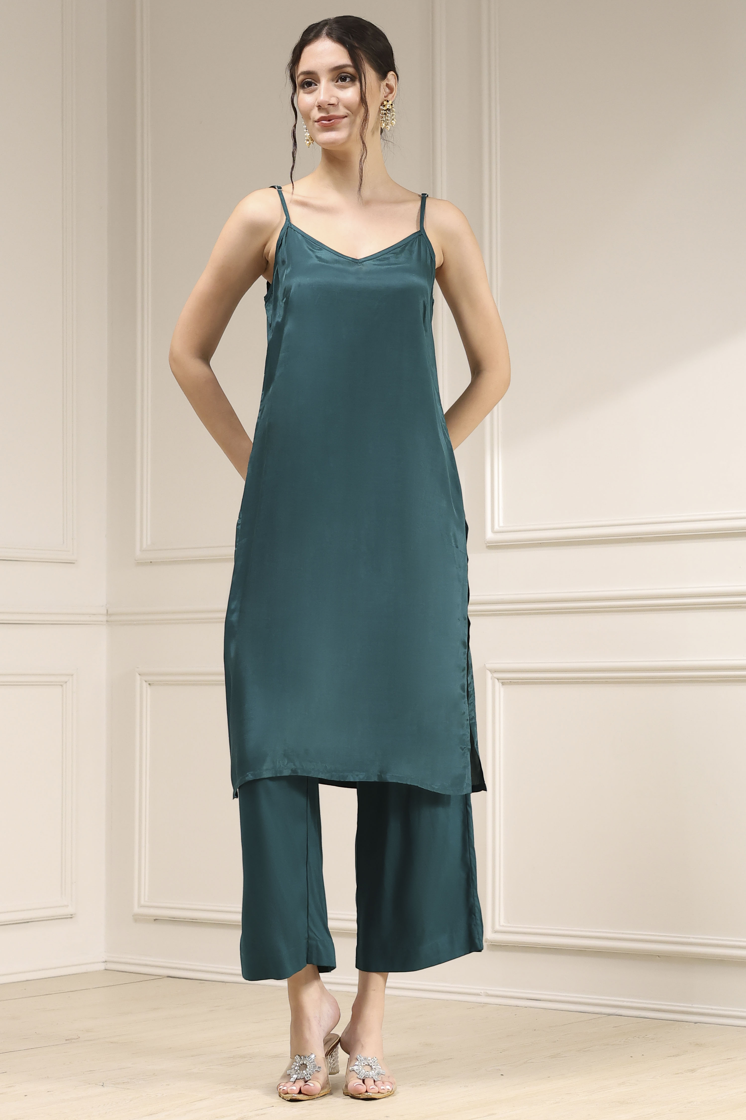 Green Striped Straight Suit Set image number 6