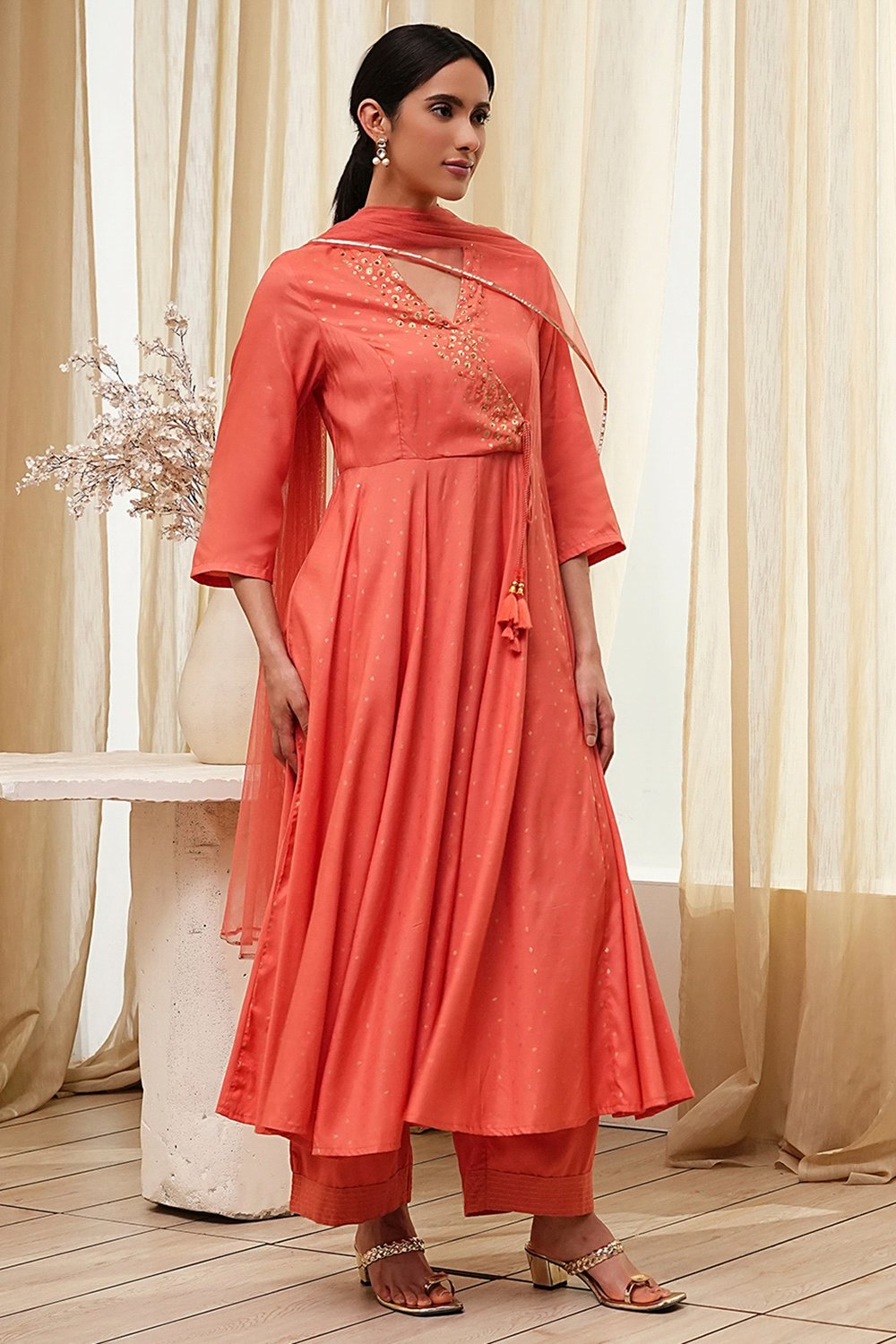 Peach Modal Printed Angrakha Anarkali Suit Set image number 5