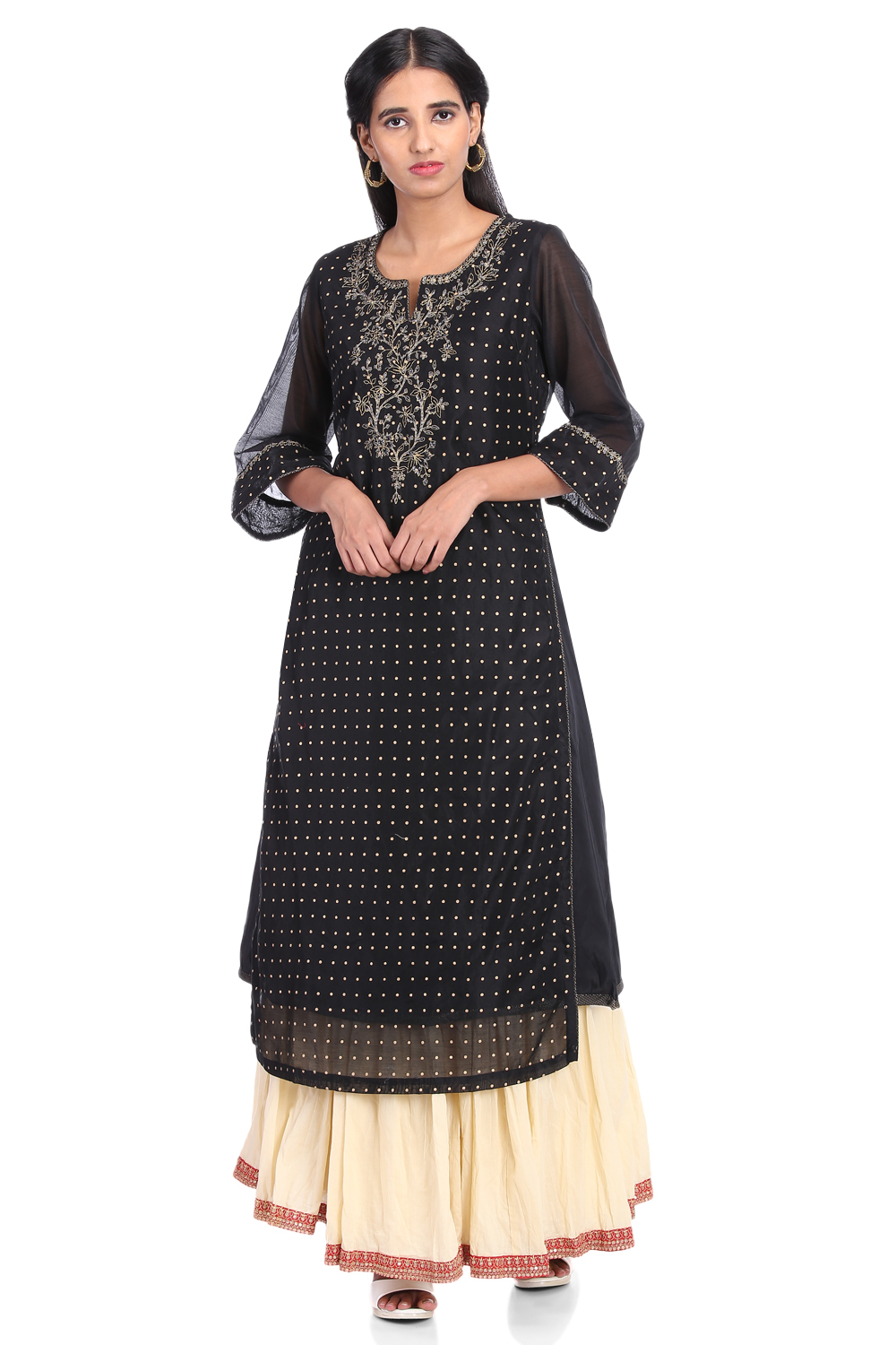 Black Poly Cotton A-Line Printed Kurta image number 0