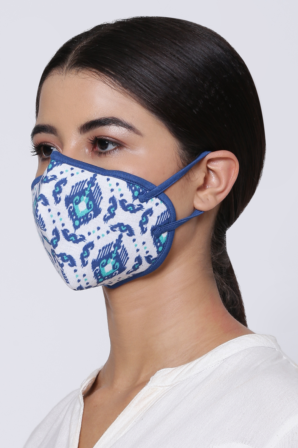 White Cotton Flax Printed Face Mask image number 1