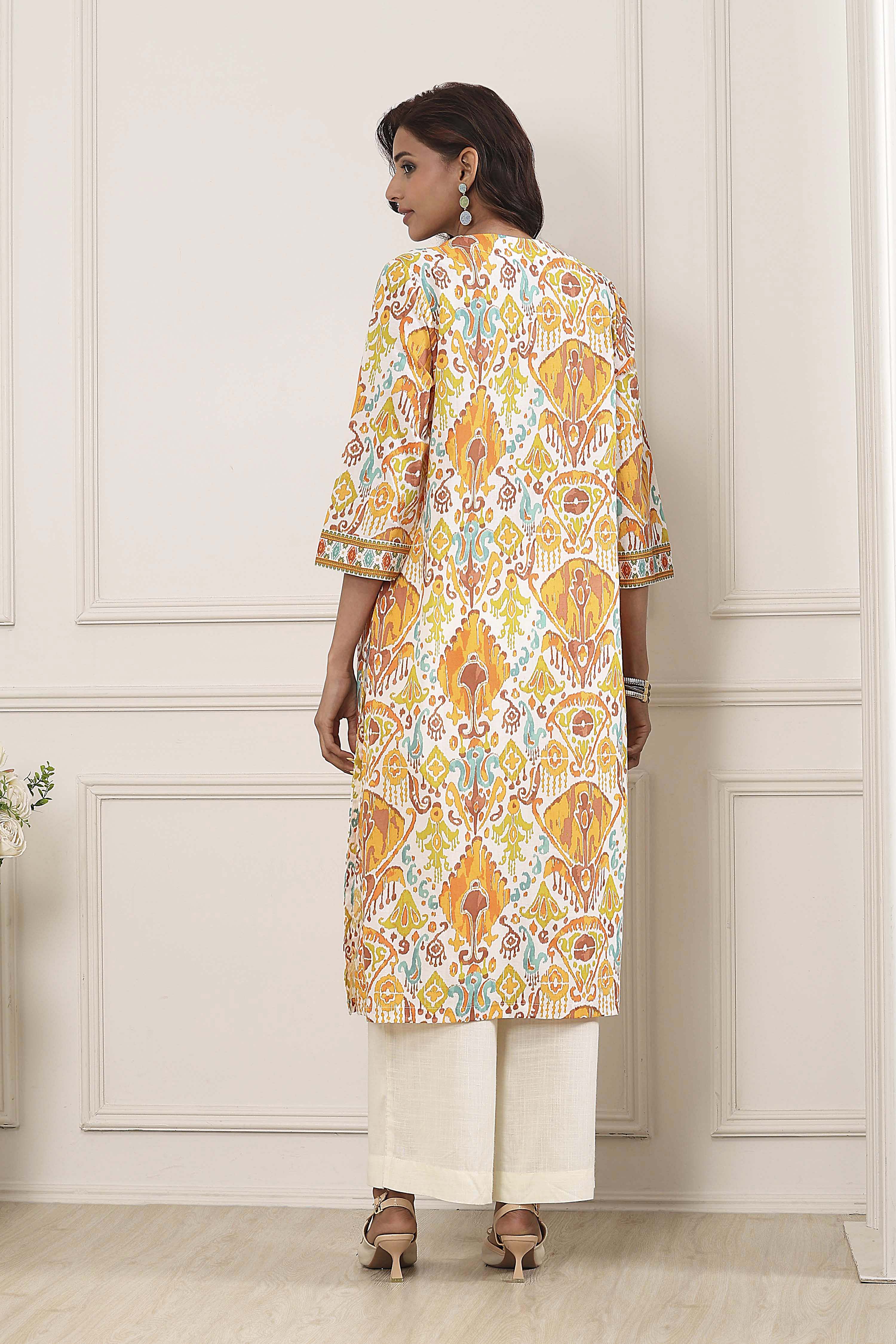 Off White Cotton Straight Kurta image number 3