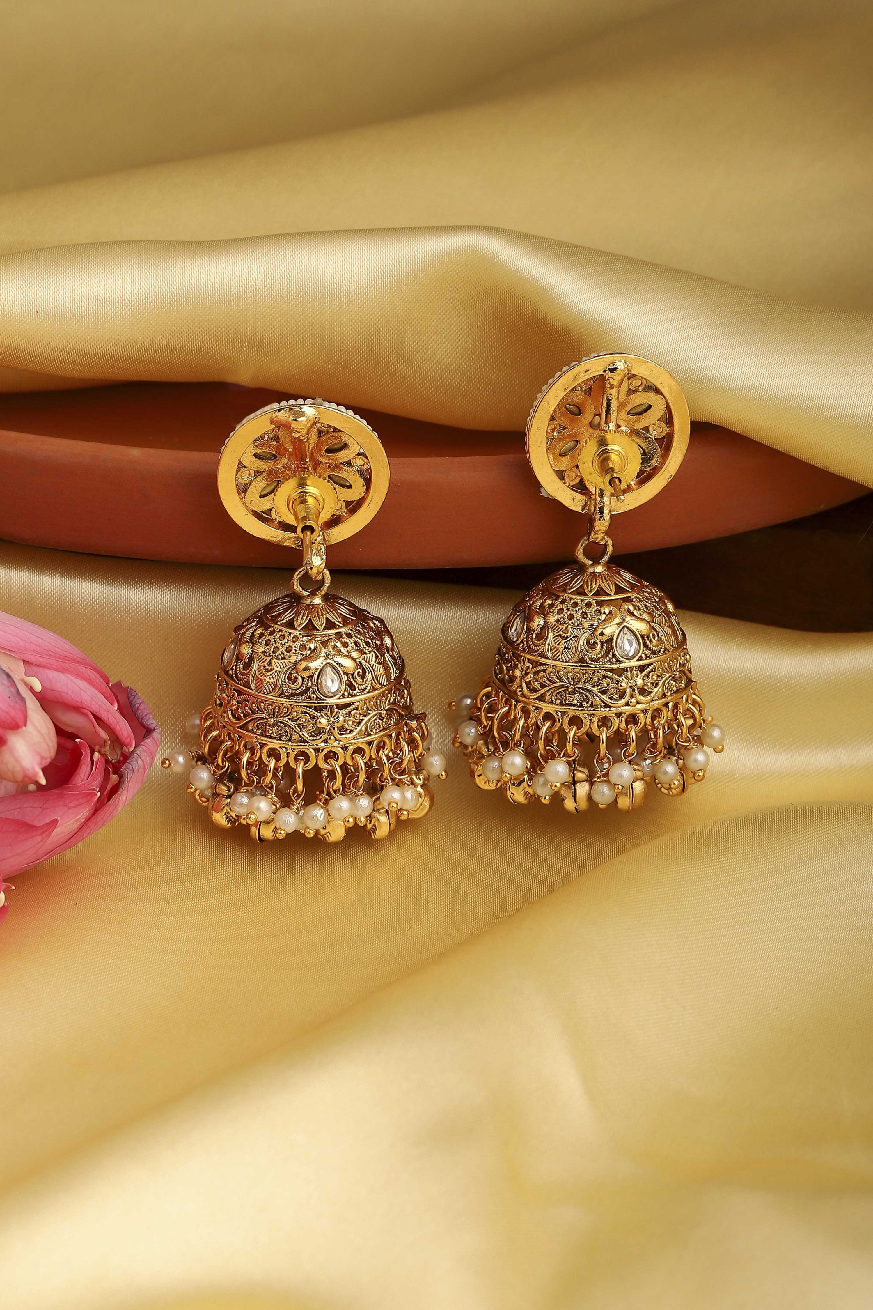 Gold Plated Brass Stone Studded Jhumkas image number 2