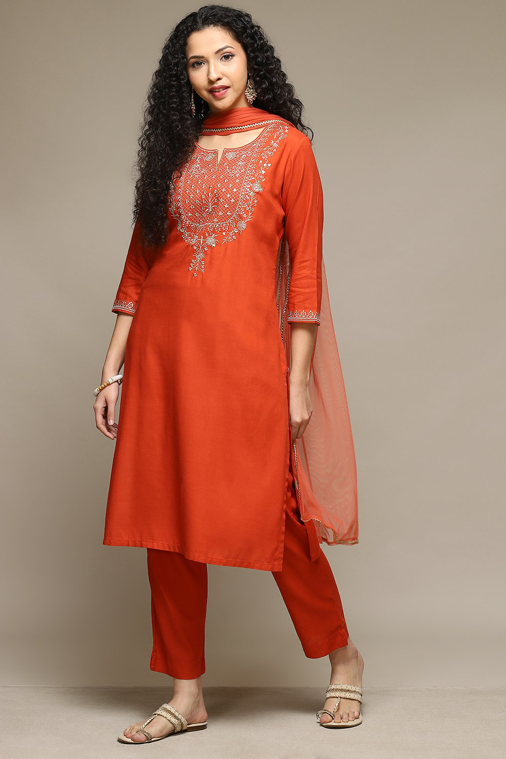 Burnt Orange Rayon Straight Kurta Pants Suit Set image number 5