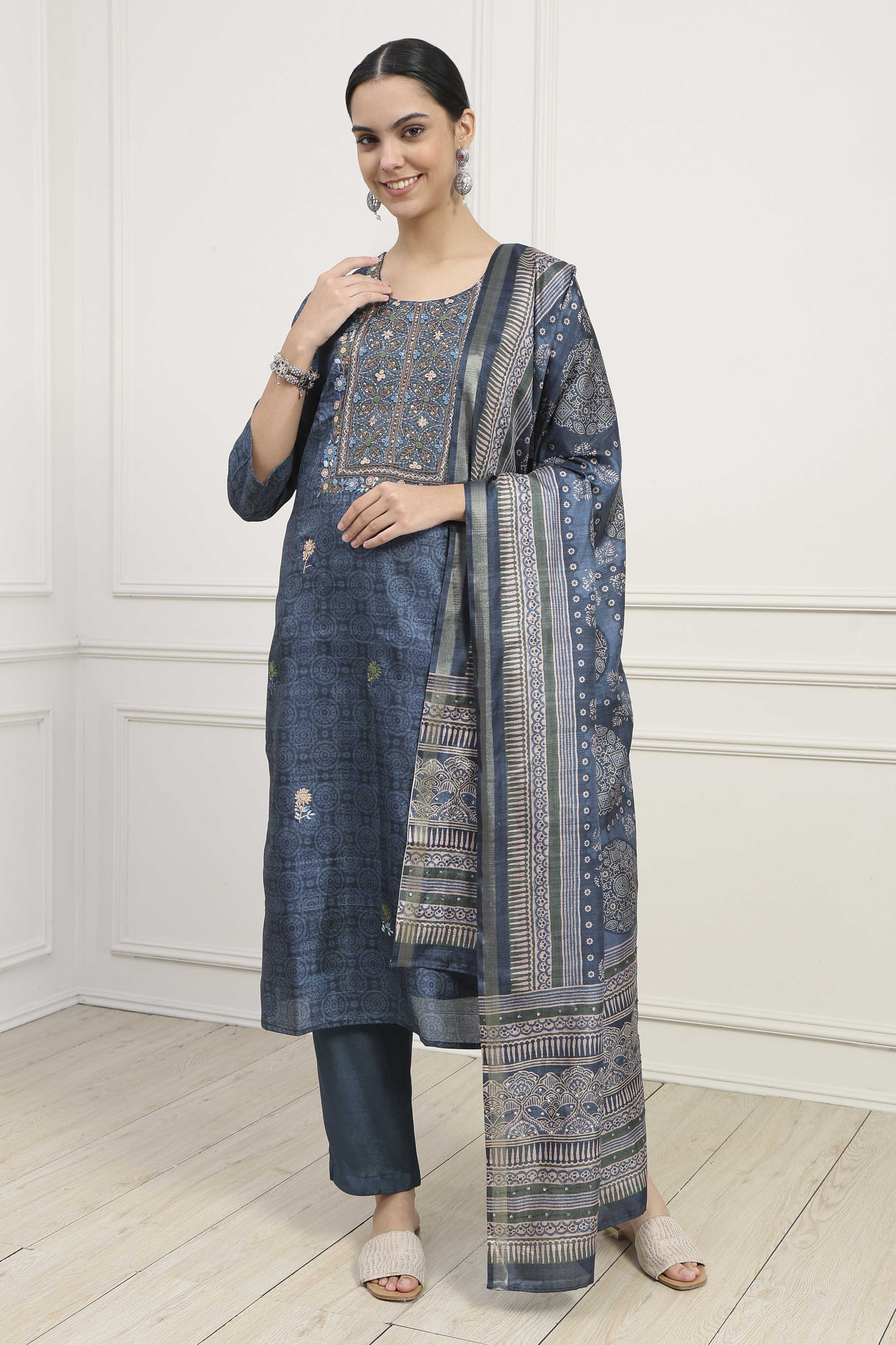 Mustard Silk Tussar Hand Embroidered Unstitched Suit Set image number 1