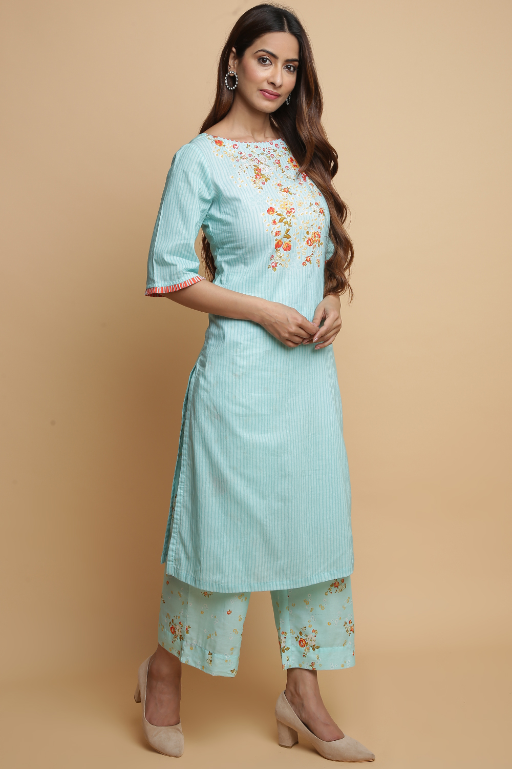 Mint Cotton Straight Kurta Pants Set image number 4