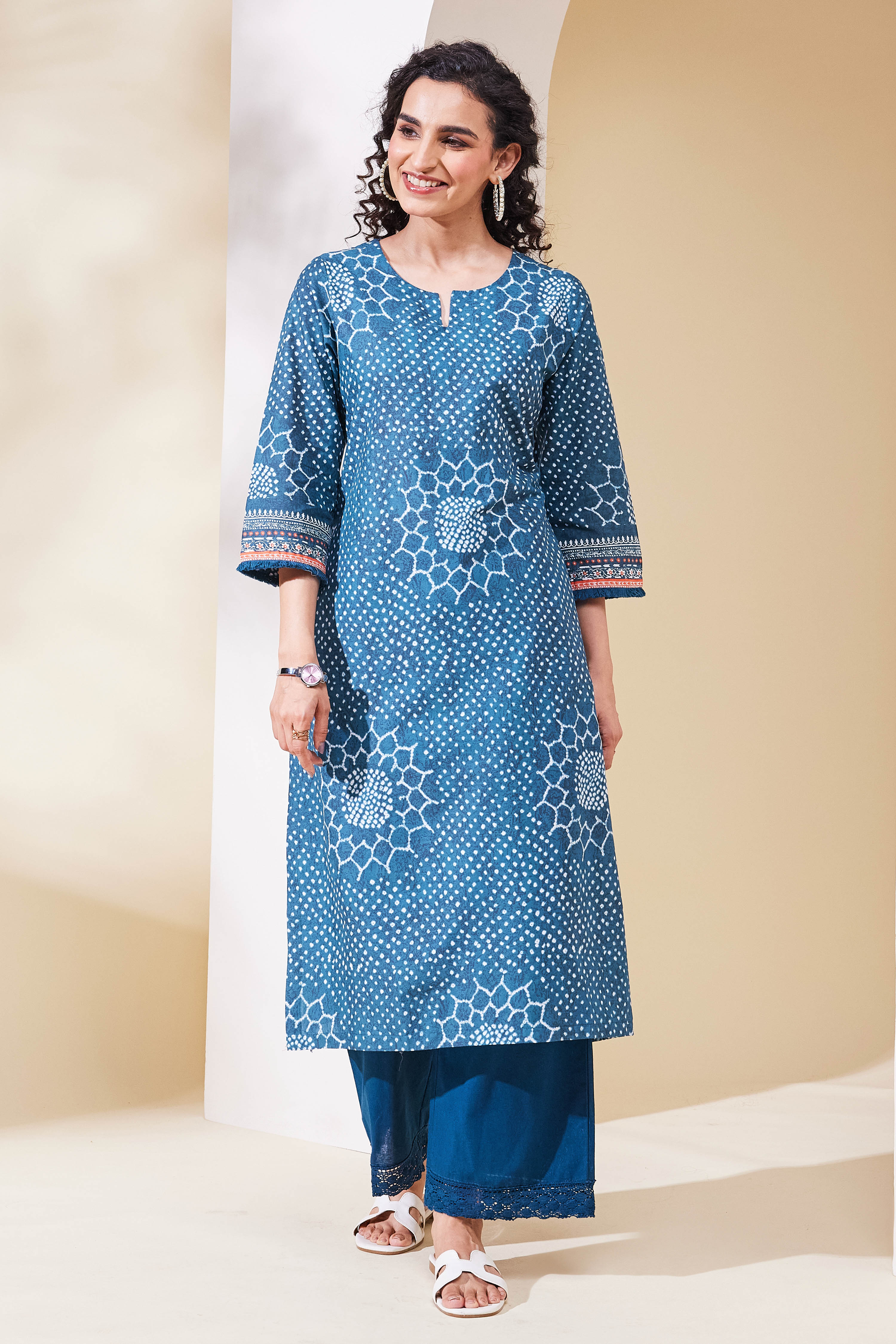 Teal Cotton Straight Kurta image number 5