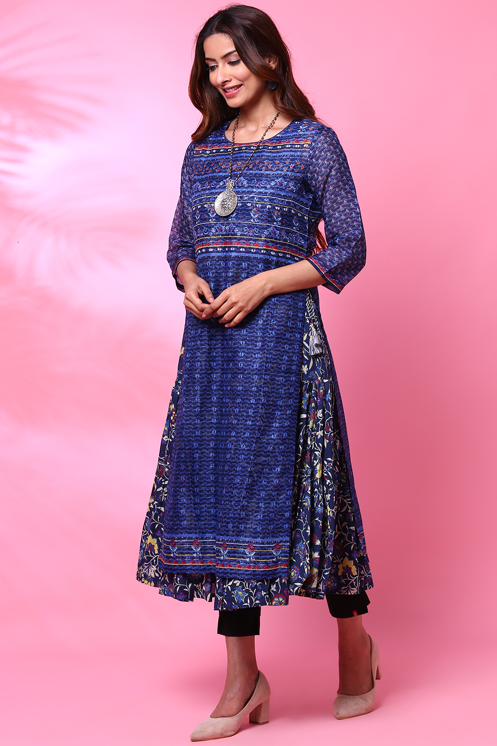 Indigo Art Silk Double Printed Kurta image number 5