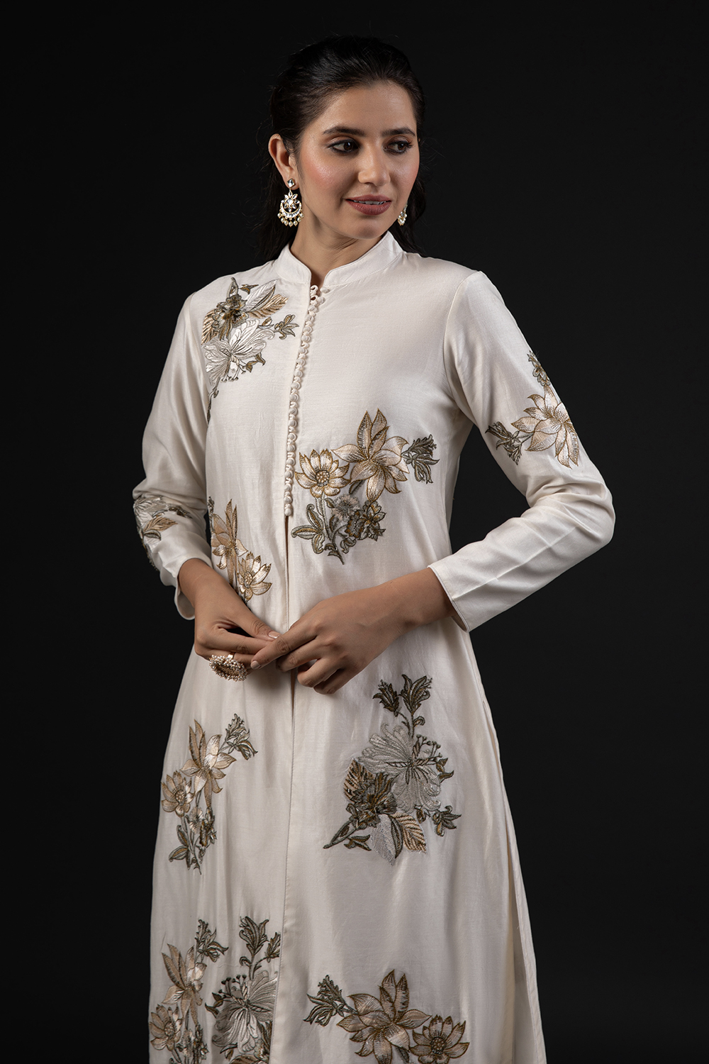 Ivory Cotton Silk Straight Printed Suit Set image number 1